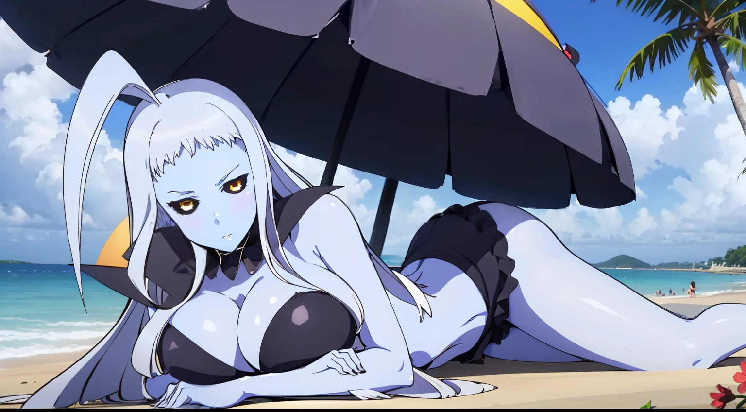 (((Perfect picture))), (absurdress), 1girl, 独奏, Tulip, (huge ahoge:1.2), monster girl, in a closed striped swimsuit, big black women's hat, lying under a beach umbrella, at a beach