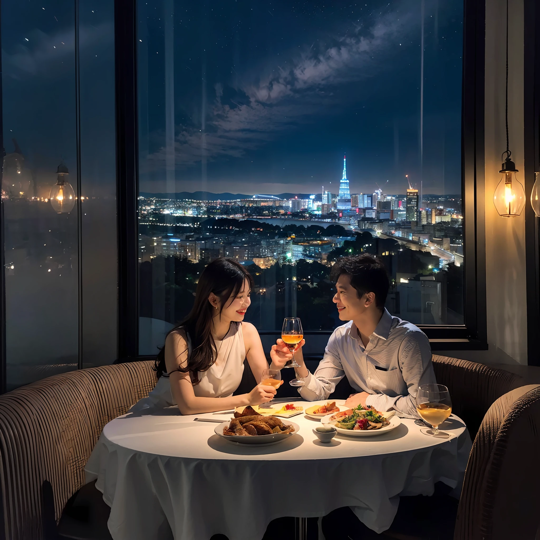 a couple、cheers、date、Restaurant with night view
