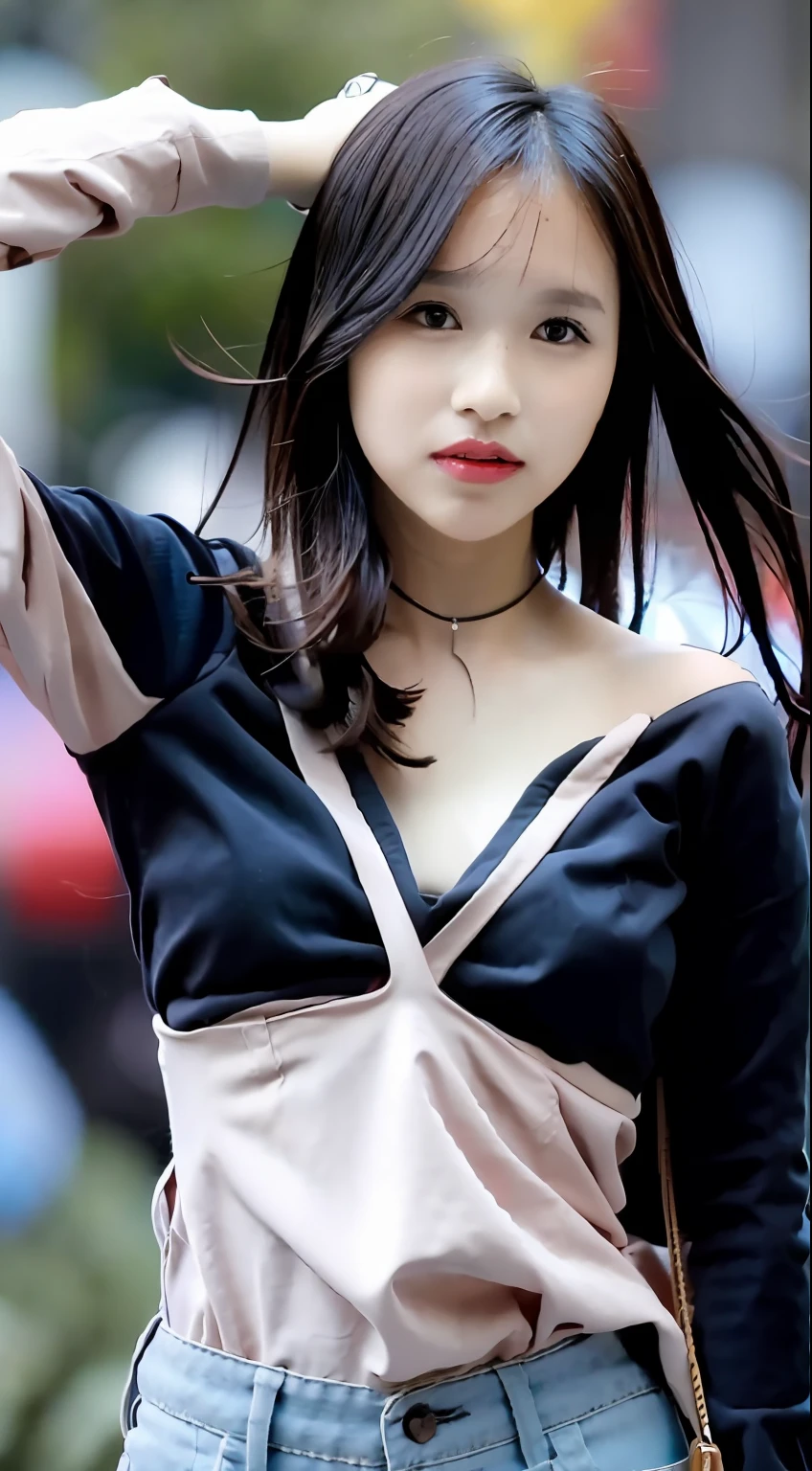 Mina，cabelos preto e longos，Girl posing for photo in white bra and tight denim，Keep your arms behind your back，full bodyesbian，With a cropped T-shirt、brassier，Slim body，Smaller bust，Slim girl model，24 years old female model，