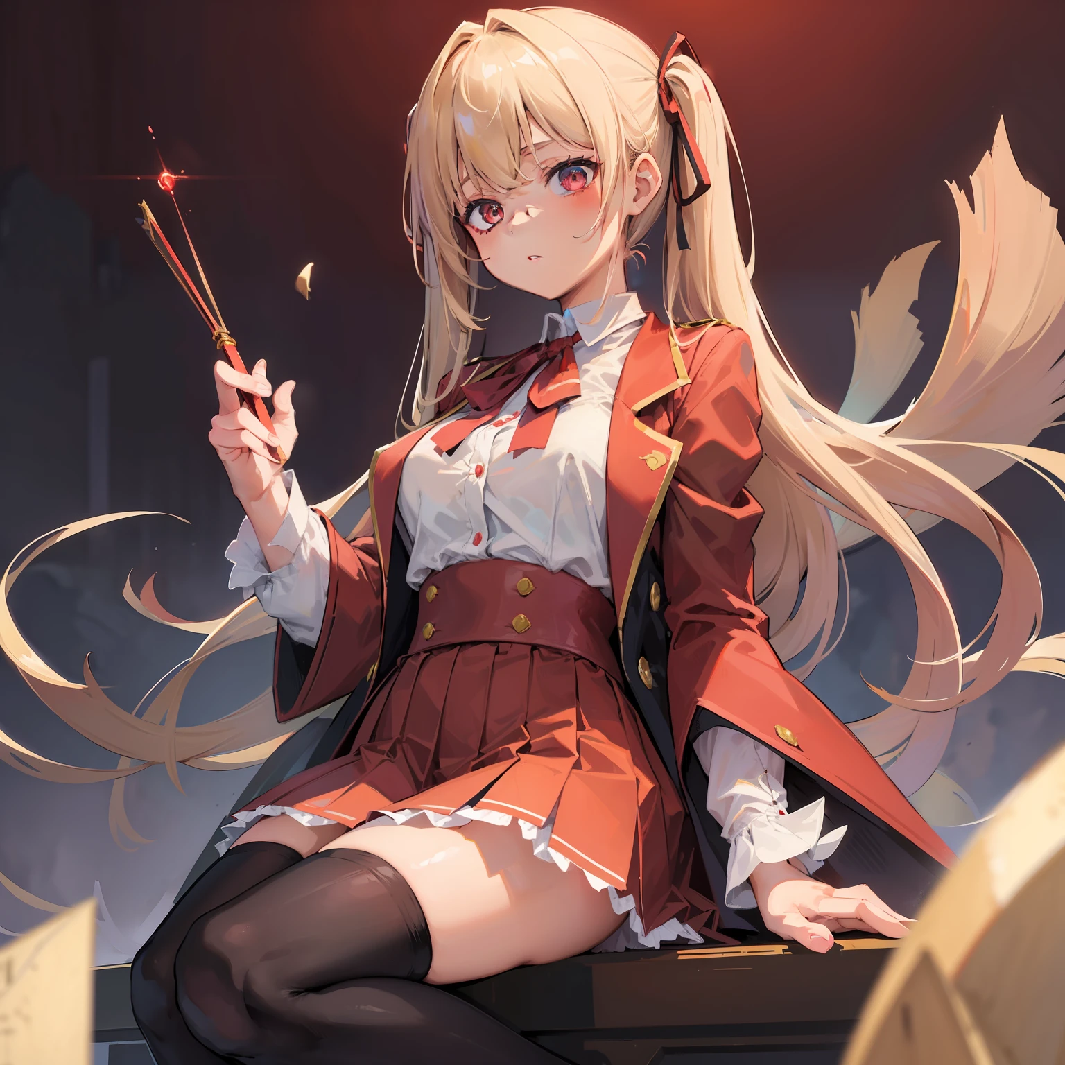 ((masterpiece)), (best quality),1girl with short beige-colored hair, crimson eyes, detailed eyes, wearing the school formal attire consisting of a blouse paired with an unbuttoned crimson blazer with a blue ribbon, a short-length white sailor striped pleated skirt, and black thigh-highs, Kikyō Kushida