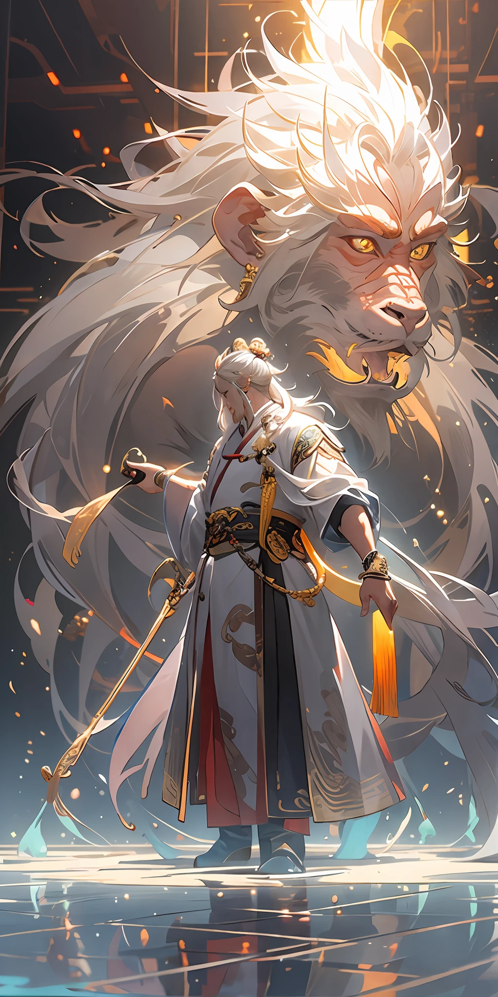 (masterpiece:1.2),best quality,zhongfenghua,realistic,
solo,a character standing in front of blonde,glowing monkey,transparent,
monkey king:1.5,
