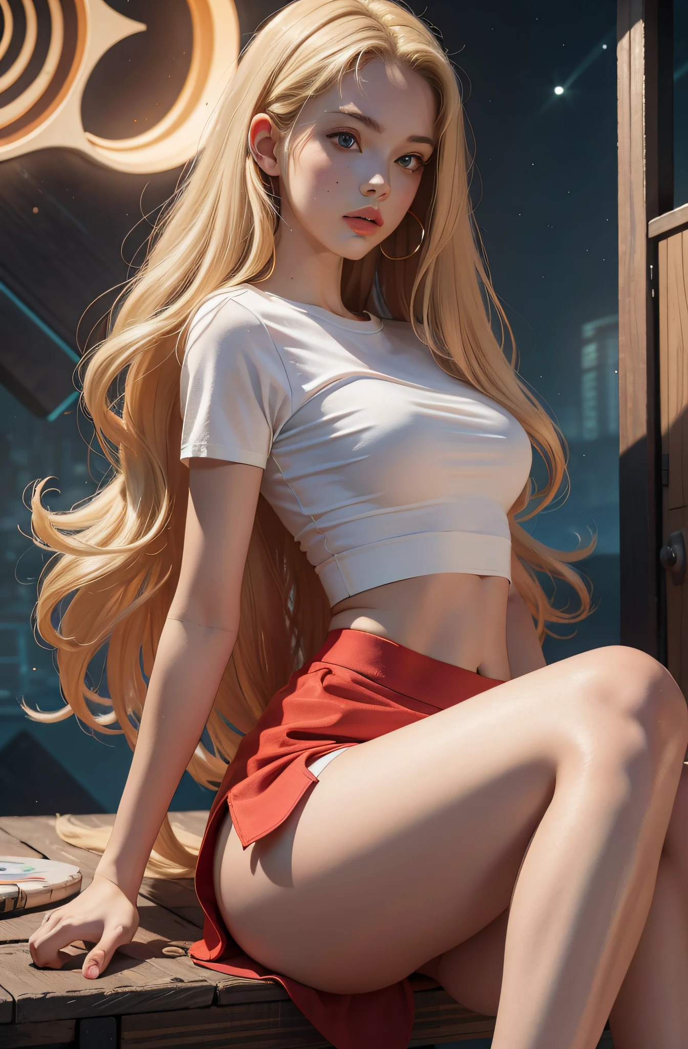 concept art, front angle of a young , perfect eyes, wearing sexy short red mini skirt and tight white t-shirt, blonde hair styled as long curly hair, equirectangular 360, Highres, [(art by Willi Baumeister:1.1), (art by John T. Biggers:1.2)::17], official art, unity 8k wallpaper, ultra detailed, aesthetic, masterpiece, best quality, photorealistic
