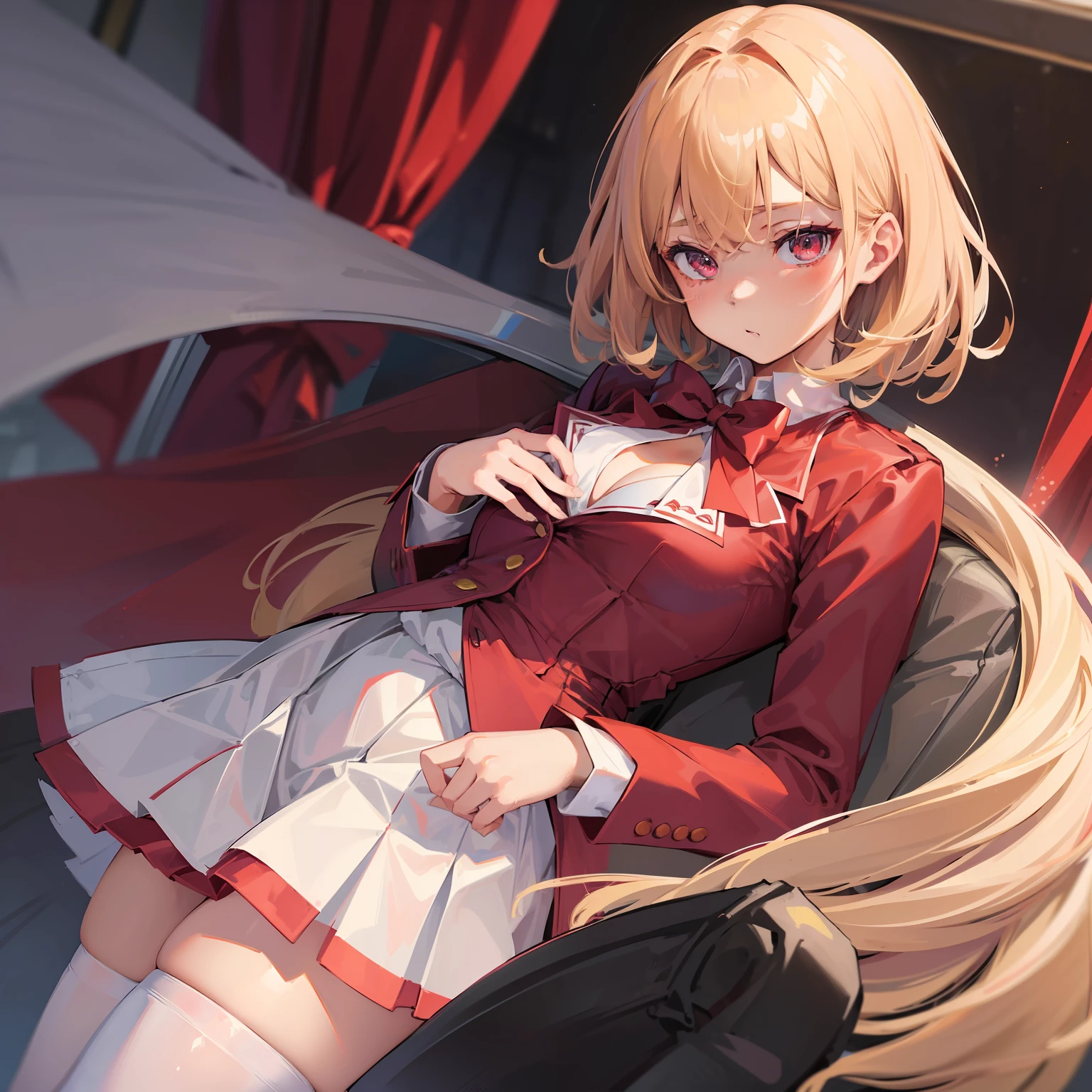 ((masterpiece)), (best quality),1girl with short beige-colored hair, crimson eyes, detailed eyes, wearing the school formal attire consisting of a blouse paired with an unbuttoned crimson blazer with a blue ribbon, a short-length white sailor striped pleated skirt, and black thigh-highs, Kikyō Kushida