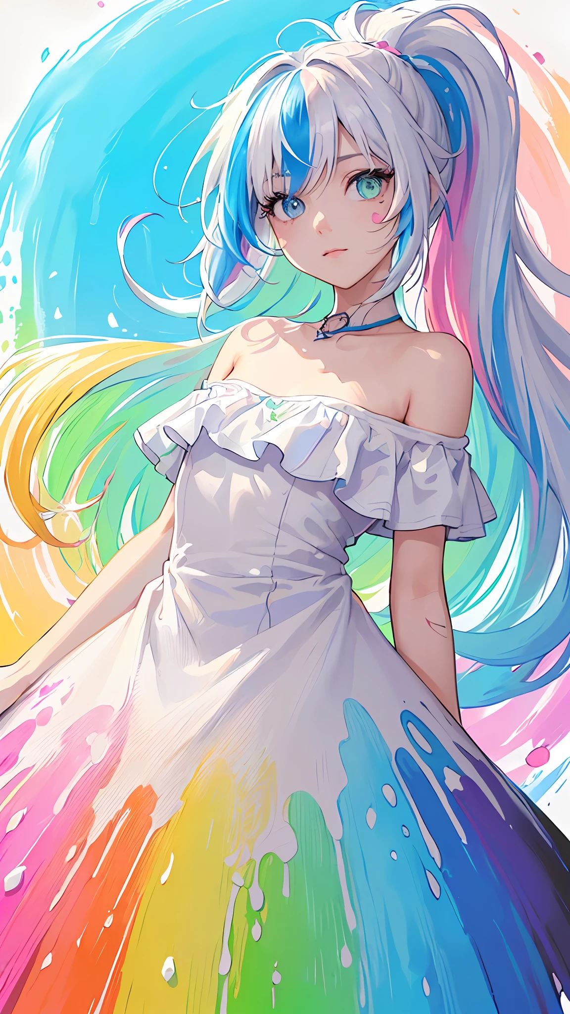 (Pink Fashion T-shirt:1.9),(Colorful hair: 1.8), (all the colours of the rainbow: 1.8),(((((vertical painting:1.6))), (painting:1.6),front, comics, illustrations, paintings, large eyes, crystal clear eyes,( rainbow color gradient high ponytail:1.7), exquisite makeup, closed mouth,(Small Fresh: 1.5),(Wipe Chest: 1.6) ,long eyelashes, white off shoulder T-shirt, White Shoulder Shirt,looking at the audience, large watery eyes, (rainbow colored hair:1.6), color splash, (solo:1.8), color splash, color explosion, thick paint style, messy lines, ((shining)),(colorful), (colorful), (colorful), colorful, Thick Paint Style, (Splash) (Color Splash), Vertical Painting, Upper Body, Paint Splash, Acrylic Pigment, Gradient, Paint, Highest Image Quality, Highest Quality, Masterpiece, Solo, Depth of Field, Face Paint, colorful clothes, (Elegant: 1.2), gorgeous,long hair, wind, (Elegant: 1.3), (Petals: 1.4),(((masterpiece))),(((best quality))),((ultra-detailed)),(illustration),(dynamic angle),((floating)),(paint),((disheveled hair)),(solo),(1girl) , (((detailed anima face))),((beautiful detailed face)),collar,bare shoulders,white hair, ((colorful hair)),((streaked hair)),beautiful detailed eyes,(Gradient color eyes),(((colorful eyes))),(((colorful background))),(((high saturation))),(((surrounded by colorful splashes))),