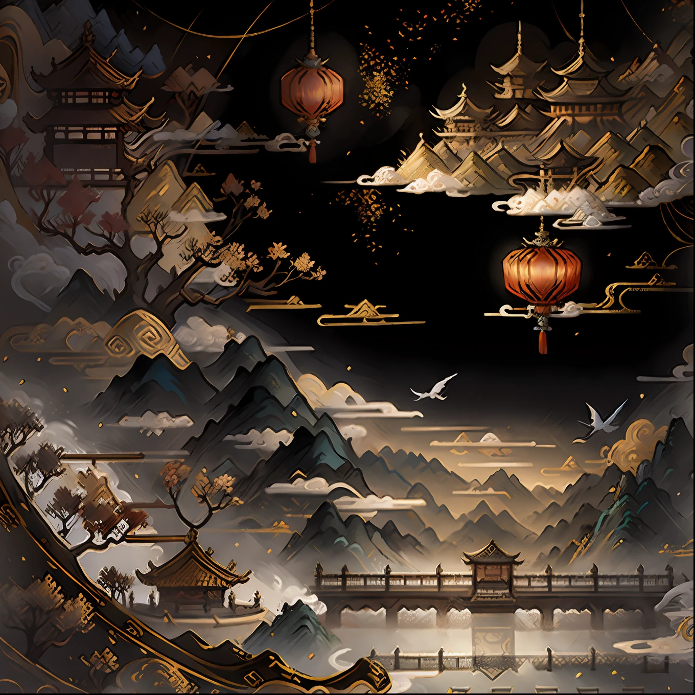 An ancient Chinese painting, ancient Chinese background, mountains, rivers, auspicious clouds, pavilions, sunshine, masterpieces, super detail, epic composition, ultra HD, high quality, extremely detailed, official art, unified 8k wallpaper, Super detail, 32k -- v 6