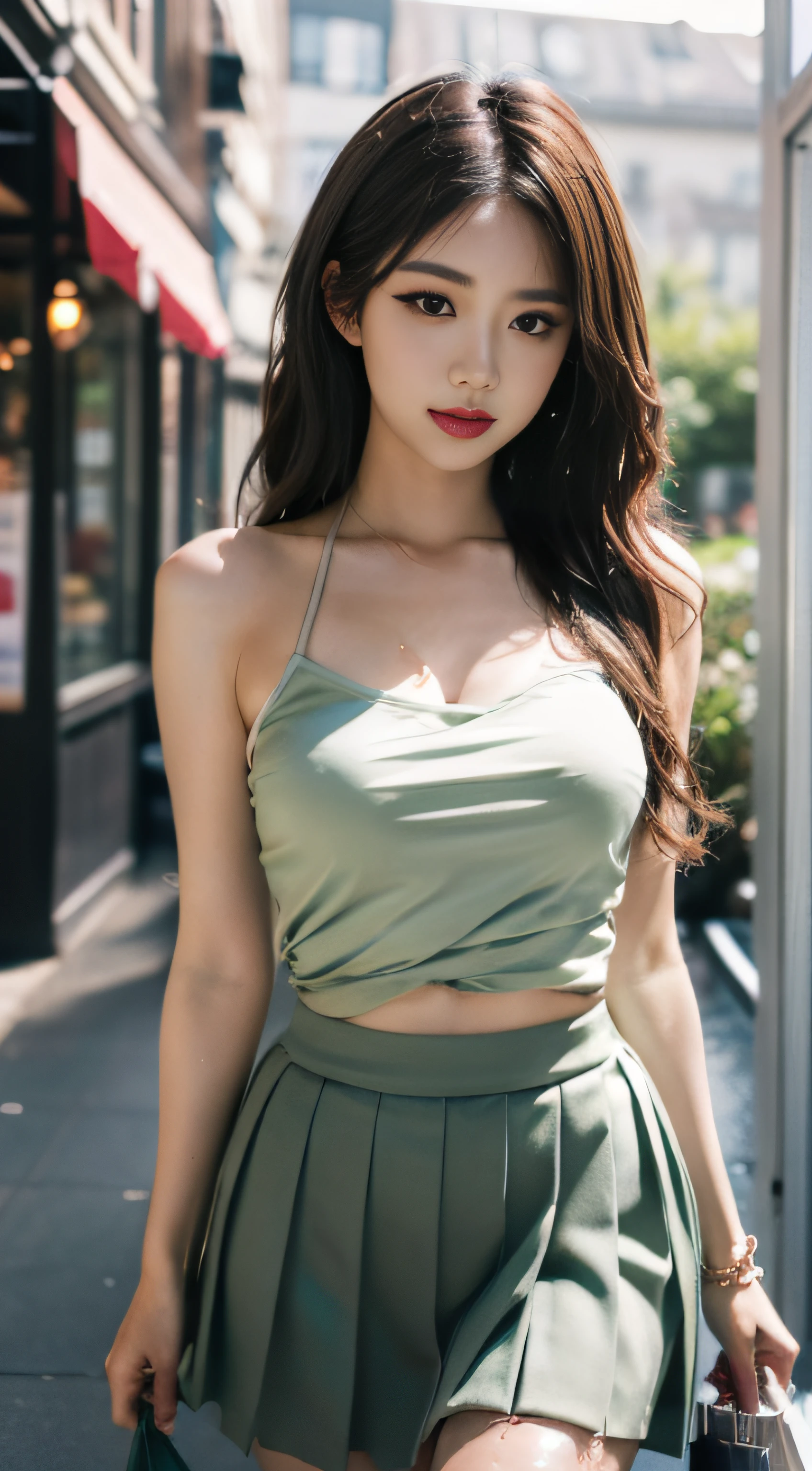 (bare breasts:0.2)best quality, ultra high res, (photorealistic:1.4), (green long hair:1.3), (azur lane\), 1girl, (Kpop idol), nsfw, slender body, looking at viewer, cute, detailed face, contrapposto, smooth skin, perfect anatomy, white camisole, pure black pleated skirt, cityscape, night, rain, wet, professional lighting, shopping mall rooftop cafe, outdoor, no teeth