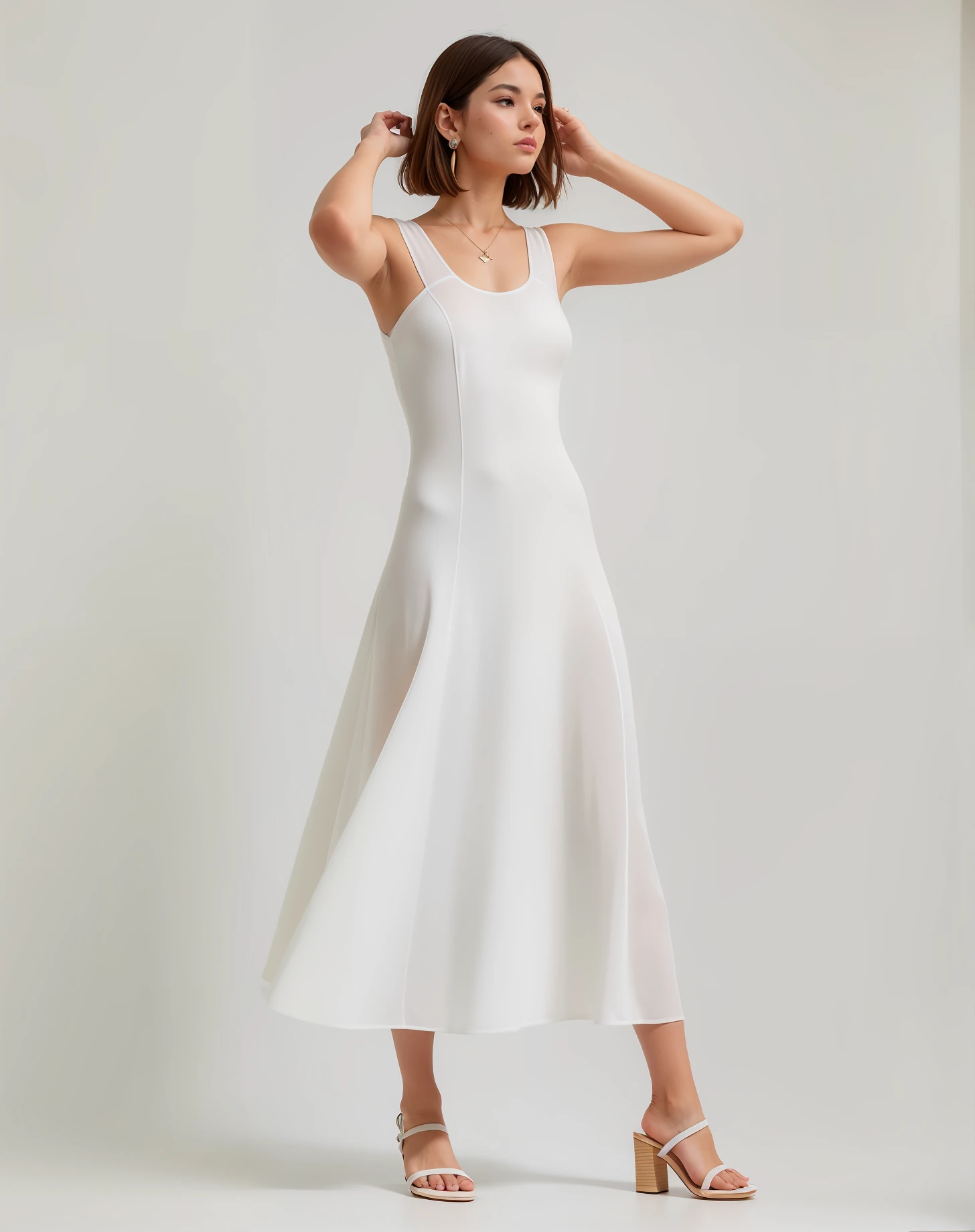 Uma mulher em um vestido branco posa para uma foto, vestido branco longo, wearing a white flowing dress, em um longo vestido branco, usando um vestido de sol branco, white flowing dress, Nico usando um vestido branco, lindo vestido branco longo longo, Vestido de sol branco, vestido branco, vestido branco elegante, white summer dress, usando um vestido branco, usando vestido branco, vestido branco, imagem super realista
