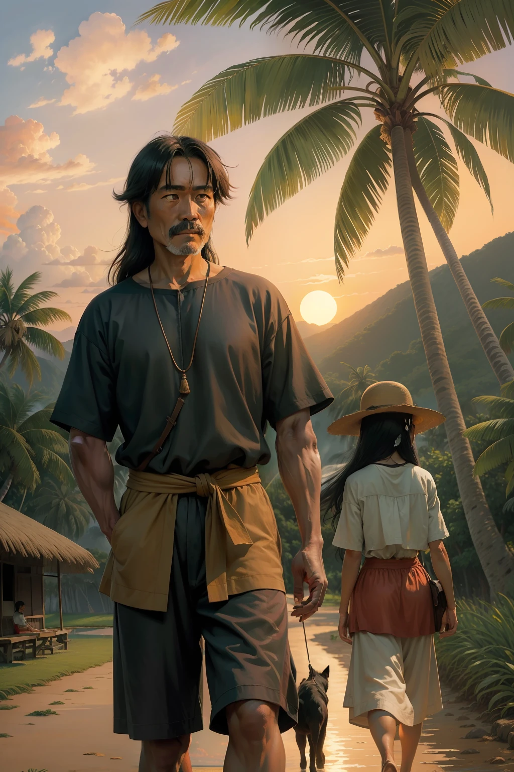 Gauguin oil painting style，coconut palms，ricefield，setting sun，A man and a woman lead the dog