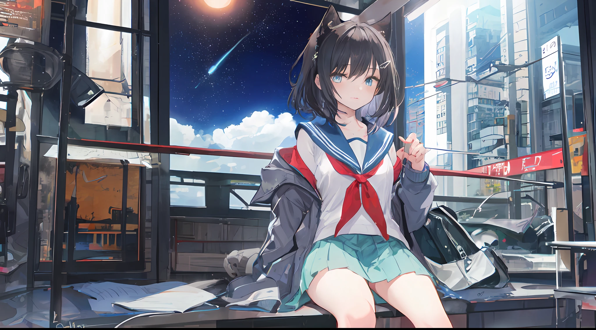 Heterochromic pupils，solo person，Ark of Tomorrow，one-girl，off-shoulder sweater, backless outfit,Starry sky,clusters of stars,Ray tracing,{Best quality}, {{Masterpiece}}, {A high resolution}, Original, Extremely detailed 8k wallpaper, {An extremely delicate and beautiful},,incredibly_absurderes,Colorful,intricately details,art book,,incredibly_absurderes,Ray tracing,Perspective,Wide shot,Overall view,,A high resolution,Game CG,short_Hair,cat_hor ears,White_Hair/White_Eyes,Detail fingers,Hands in hair,pigeon-toed,Pout,Blush,Eyes visible through hair,off-shoulder sweater,White_wind coat,Superskirt,White pantyhose,White cat ears，（((long  white hair)))，White tail，reaching out her hands，W cut sitting position，(((a black trench coat)))，(((Blue sailor collar)))，Blue pupil，Black hairpin，Post-industrial buildings，4K，Master picture quality，Texture，Ark of tomorrow style，On the ground lay the West Sword，eventide，Blood-red sunlight，Black backpack，((((Short blue skirt))))，((((White tights))))，black sneaker shoes，full bodyesbian，long and flowing hair，Smiling，Squint，The ultimate in facial depiction，The ultimate body depiction，The ultimate hair depiction ，There are lanterns on the ground，is shy，in a panoramic view，The ultimate scenario description，Pout,Beautiful_face,Beautiful detailed eyes,One eye is white，One eye closed ,Earphone,Beautiful detailed sky,reflective light,Ray tracing，Sunlight,(Maid dress),Sailor dress,Sleeves,beautiful detailed  water,Beautiful detailed sky,god light,depth of fields,Normal body，Normal posture，Front view，Absolutely good light and shadow，Detailed sky，baiyun，the sunset，(((城市，starlights，rios，darkly))).{Best quality}, {{Masterpiece}}, {A high resolution}, Original, Extremely detailed 8k wallpaper,  {An extremely delicate and beautiful},,Ray ,{Best quality}, {{Masterpiece}}, {A high resolution}, Original, Extremely detailed 8k wallpaper, {An extremely delicate and beautiful},,incredibly_absurderes,Colorful,intricately details,art book,,Overall view,,Depth o