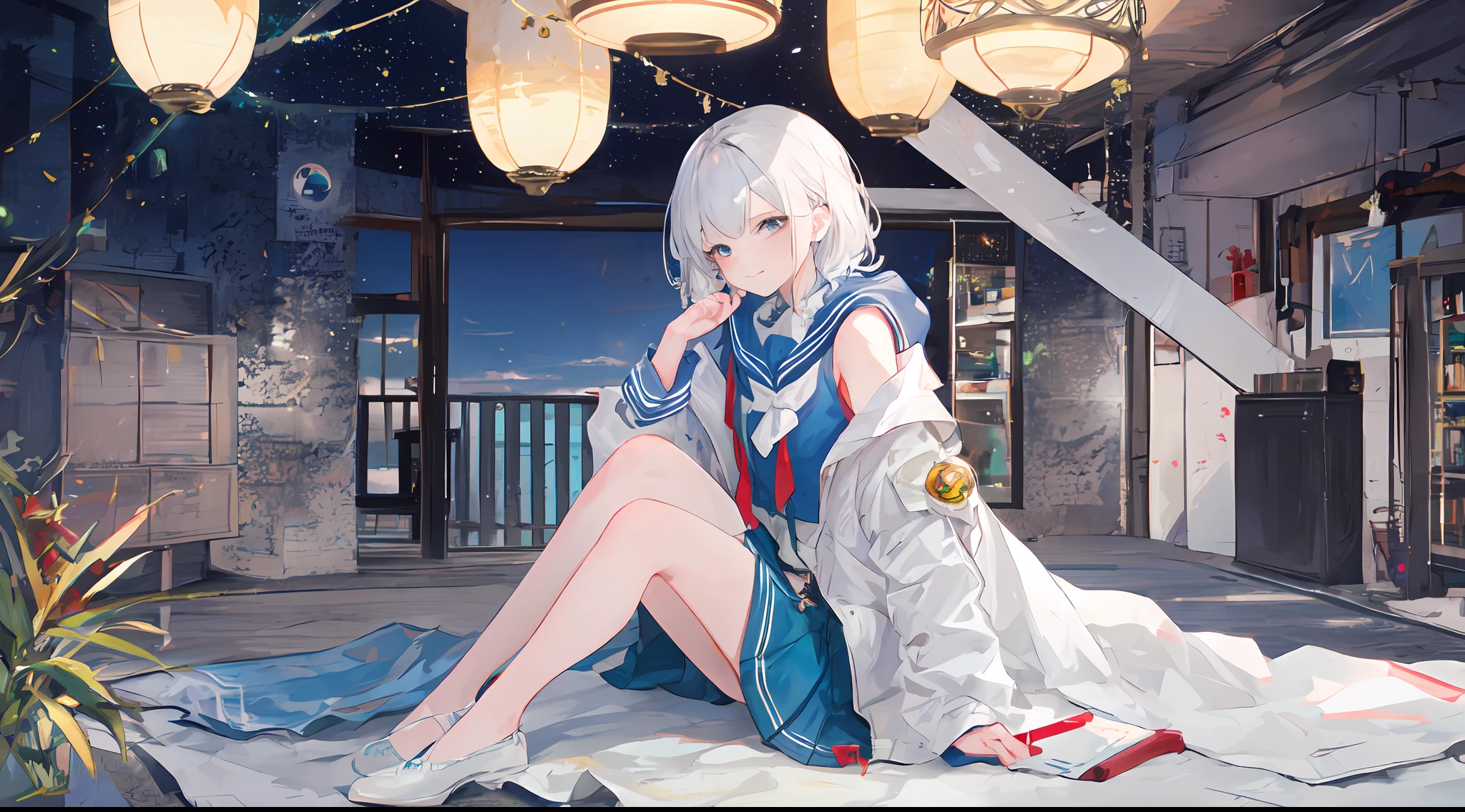 Heterochromic pupils,solo person,Ark of Tomorrow,one-girl,off-shoulder sweater, backless outfit,Starry sky,clusters of stars,Ray tracing,{Best quality}, {{Masterpiece}}, {A high resolution}, Original, Extremely detailed 8k wallpaper, {An extremely delicate and beautiful},,incredibly_absurderes,Colorful,intricately details,art book,,incredibly_absurderes,Ray tracing,Perspective,Wide shot,Overall view,,A high resolution,Game CG,short_Hair,cat_hor ears,White_Hair/White_Eyes,Detail fingers,Hands in hair,pigeon-toed,Pout,Blush,Eyes visible through hair,off-shoulder sweater,White_wind coat,Superskirt,White pantyhose,White cat ears,(((long white hair))),White tail,reaching out her hands,W cut sitting position,(((a black trench coat))),(((Blue sailor collar))),Blue pupil,Black hairpin,Post-industrial buildings,4K,Master picture quality,Texture,Ark of tomorrow style,On the ground lay the West Sword,eventide,Blood-red sunlight,Black backpack,((((Short blue skirt)))),((((White tights)))),black sneaker shoes,full bodyesbian,long and flowing hair,Smiling,Squint,The ultimate in facial depiction,The ultimate body depiction,The ultimate hair depiction ,There are lanterns on the ground,is shy,in a panoramic view,The ultimate scenario description,Pout,Beautiful_face,Beautiful detailed eyes,One eye is white,One eye closed ,Earphone,Beautiful detailed sky,reflective light,Ray tracing,Sunlight,(Maid dress),Sailor dress,Sleeves,beautiful detailed water,Beautiful detailed sky,god light,depth of fields,Normal body,Normal posture,Front view,Absolutely good light and shadow,Detailed sky,baiyun,the sunset,(((城市,starlights,rios,darkly))).{Best quality}, {{Masterpiece}}, {A high resolution}, Original, Extremely detailed 8k wallpaper, {An extremely delicate and beautiful},,Ray ,{Best quality}, {{Masterpiece}}, {A high resolution}, Original, Extremely detailed 8k wallpaper, {An extremely delicate and beautiful},,incredibly_absurderes,Colorful,intricately details,art book,,Overall view,,Depth o