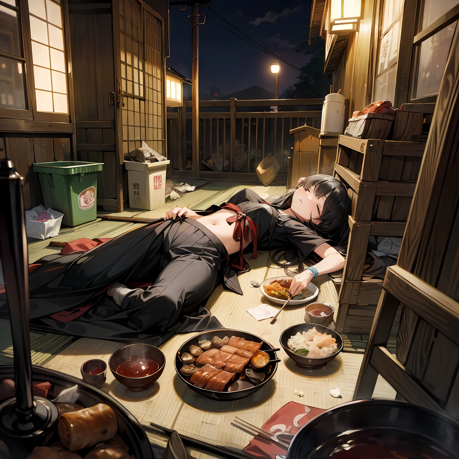 (masterpiece, best quality),(night,trash,junk:1.3),(alley in Japan,casserole),1girl,sleep,messy,empty can,black hair,long hair,messy hair,black clothes,japanese clothes,crate,skewer,tokkuri,sukiyaki,oden,small breasts,lie down on the ground