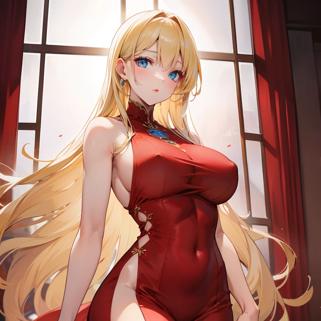 one woman, long blonde hair, with bangs, long red dress, red lips, blue eyes, big breasts, detailed body, well-defined body, sexy body, well-detailed face, high quality, masterpieces, 4k