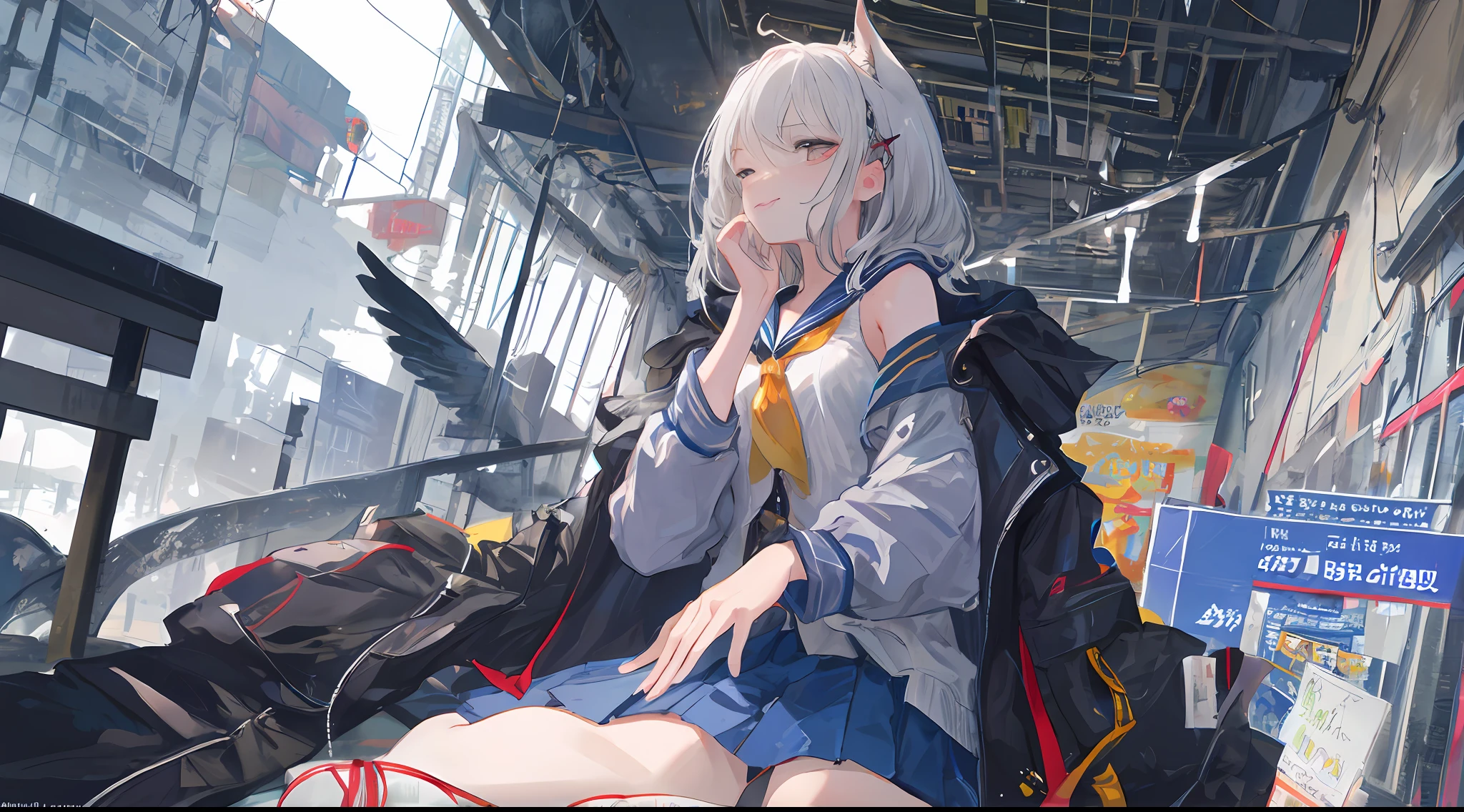 Heterochromic pupils，solo person，Ark of Tomorrow，one-girl，off-shoulder sweater, backless outfit,Starry sky,clusters of stars,Ray tracing,{Best quality}, {{Masterpiece}}, {A high resolution}, Original, Extremely detailed 8k wallpaper, {An extremely delicate and beautiful},,incredibly_absurderes,Colorful,intricately details,art book,,incredibly_absurderes,Ray tracing,Perspective,Wide shot,Overall view,,A high resolution,Game CG,short_Hair,cat_hor ears,White_Hair/White_Eyes,Detail fingers,Hands in hair,pigeon-toed,Pout,Blush,Eyes visible through hair,off-shoulder sweater,White_wind coat,Superskirt,White pantyhose,White cat ears，（((long  white hair)))，White tail，reaching out her hands，W cut sitting position，(((a black trench coat)))，(((Blue sailor collar)))，Blue pupil，Black hairpin，Post-industrial buildings，4K，Master picture quality，Texture，Ark of tomorrow style，On the ground lay the West Sword，eventide，Blood-red sunlight，Black backpack，((((Short blue skirt))))，((((White tights))))，black sneaker shoes，full bodyesbian，long and flowing hair，Smiling，Squint，The ultimate in facial depiction，The ultimate body depiction，The ultimate hair depiction ，There are lanterns on the ground，is shy，in a panoramic view，The ultimate scenario description，Pout,Beautiful_face,Beautiful detailed eyes,One eye is white，One eye closed ,Earphone,Beautiful detailed sky,reflective light,Ray tracing，Sunlight,(Maid dress),Sailor dress,Sleeves,beautiful detailed  water,Beautiful detailed sky,god light,depth of fields,Normal body，Normal posture，Front view，Absolutely good light and shadow，Detailed sky，baiyun，the sunset，(((城市，starlights，rios，darkly))).{Best quality}, {{Masterpiece}}, {A high resolution}, Original, Extremely detailed 8k wallpaper,  {An extremely delicate and beautiful},,Ray ,{Best quality}, {{Masterpiece}}, {A high resolution}, Original, Extremely detailed 8k wallpaper, {An extremely delicate and beautiful},,incredibly_absurderes,Colorful,intricately details,art book,,Overall view,,Depth o