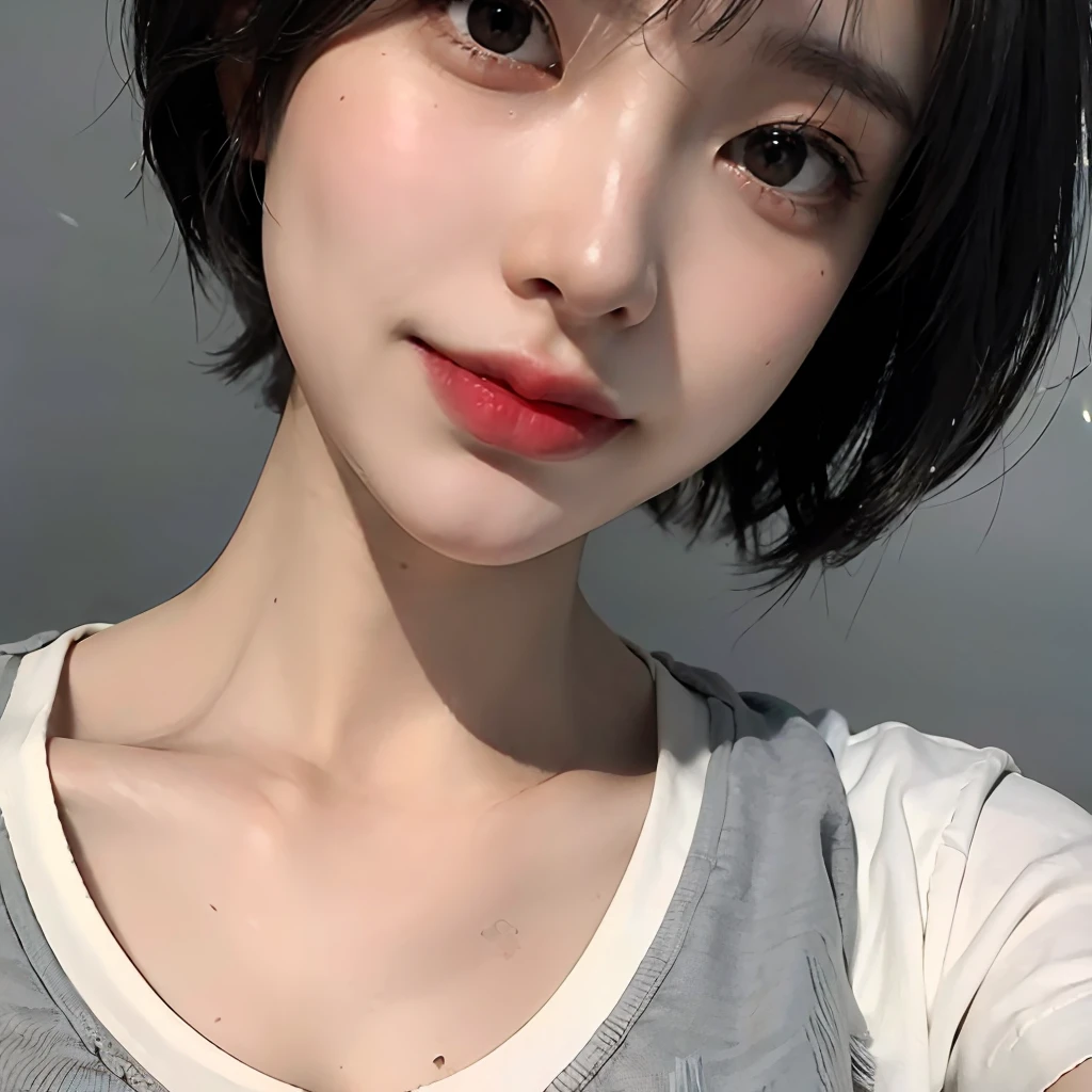RAW photo of a girl、(masterpiece:1.1)、top-quality、超A high resolution、high detal、(Photorealsitic:1.4)、sharp、focus、Details of face、Detailed single eyes、A detailed face、1girl、white t-shirts、Black tight skirt、(Faded ash-gray short-cut hair:1.2)、、(small tits)、Look at viewers、a closeup