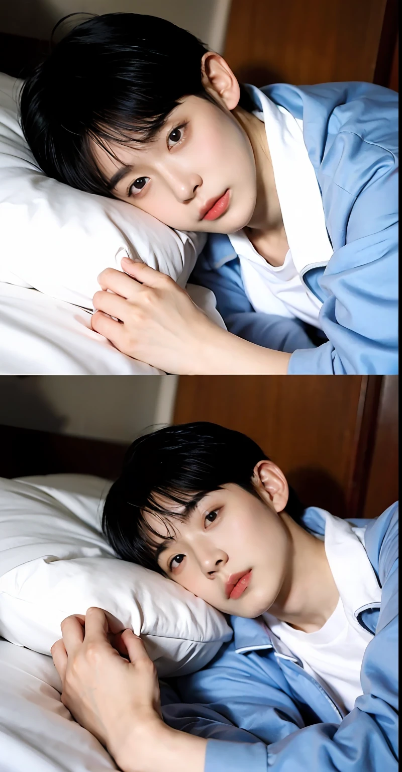 (Handsome Chinese guy:1.5)There was a little boy sleeping in bed with a teddy bear, Male ulzzang, Cai Xukun, Sleeping, arte mista, Sleepy, Soft mood, Kim Do-young, Lie on a furry blanket, Shin Jinying, Asian male, BREAK BREAK BREAK, happy cozy feelings, Realistic. Cheng Yi, resting on chest, Sleepy expression, South Korean male, Lying in bed