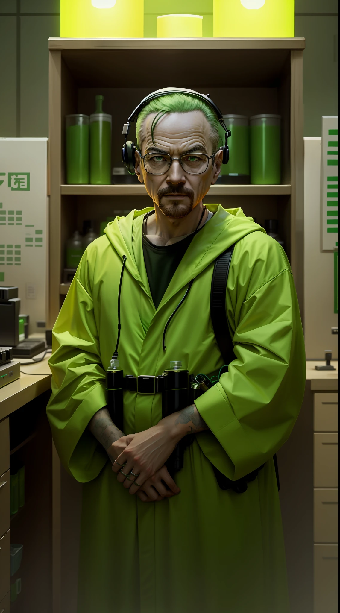 Breaking Bad，Wear green headphones，Green robe，HD 4K，Large laboratories，中景 the scene is