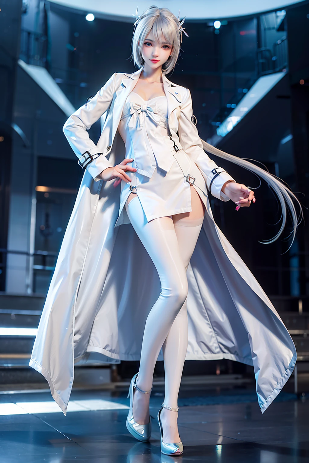 woman model, 170 height,Wearing a white trench coat, Lower body leggings, lively and lovely, Silver hair, aqua eyes, Sparkle, hyper HD