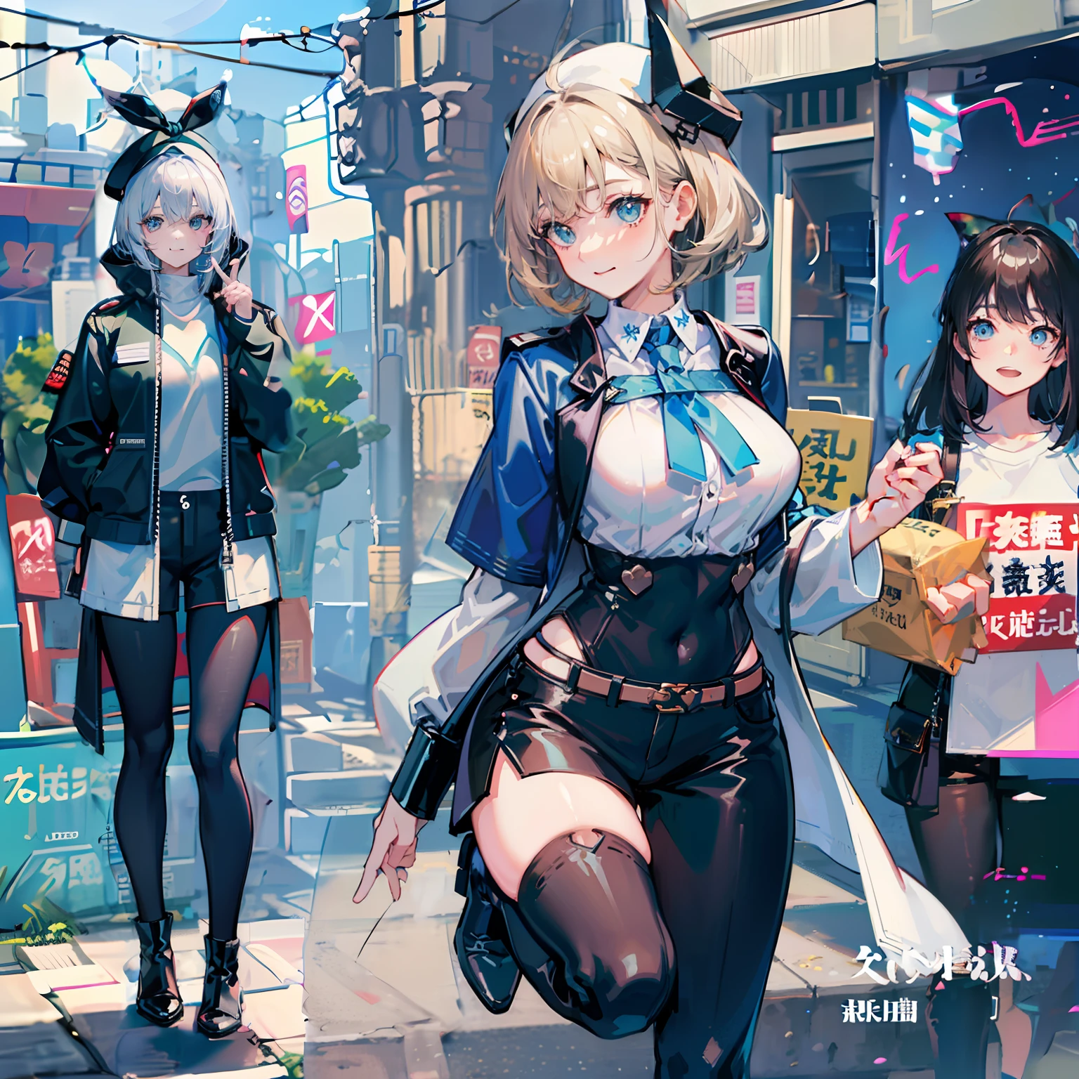 Beautiful woman medium hair、hated、cyberpunked、a short bob、a blond、White Summer Knitted Cap、 odd eye、blue  right eye、Green left eye、Blue Leather Vest、Long white T-shirt、White Cargo Pants、Black Engineer Boots、head phone、Carried a sword on his back Japan、Sprint、In front of Shibuya Station、natta、Well-formed fingertips of both hands、Full body like、Colossal tits、A smile、Extend your left hand to us