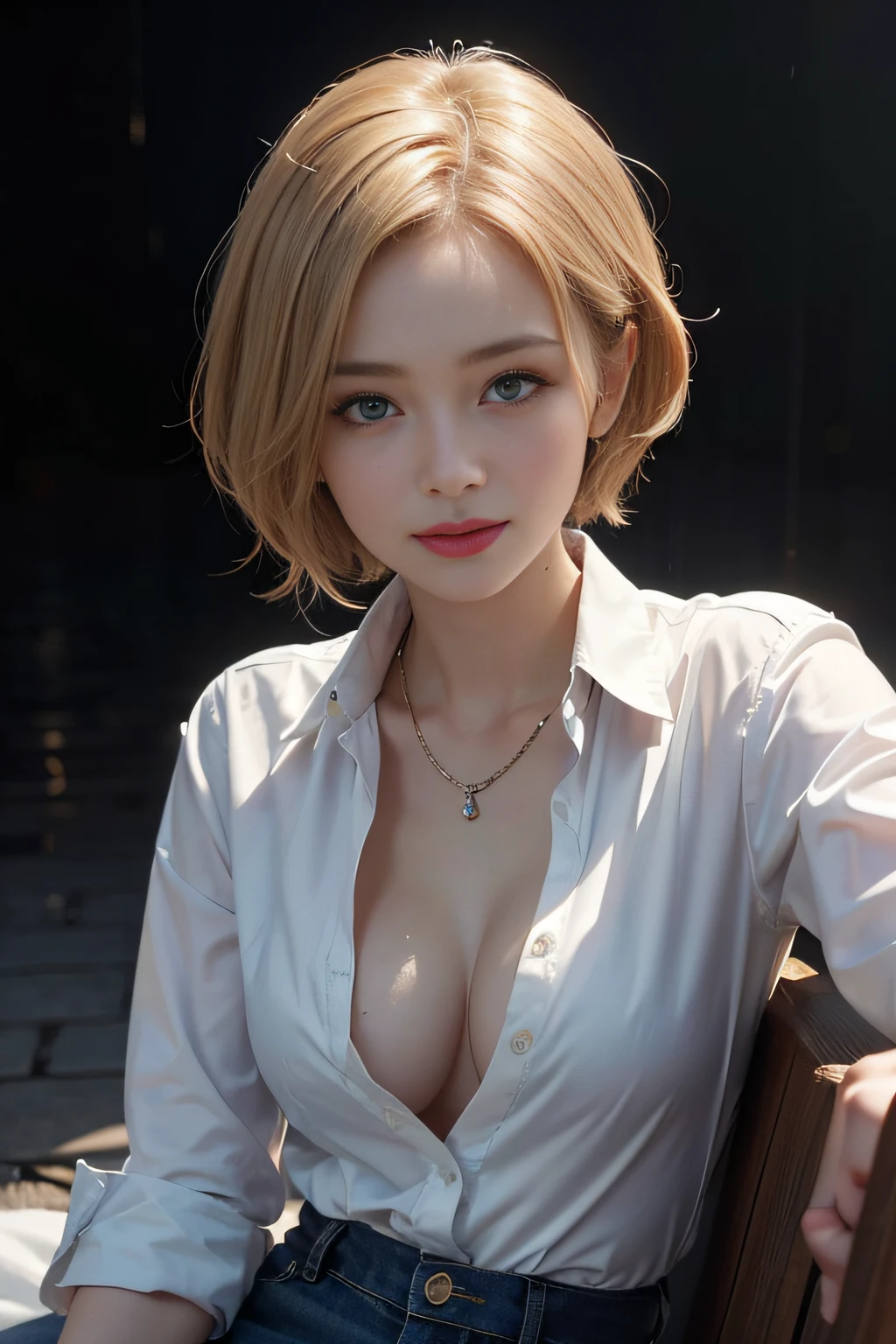 (button up to shirt length: 1.2), (White shirt wet by rain), (unbuttoned shirt: 1.1), cleavage, best quality, masterpiece, very delicate and beautiful, very detailed, CG, Unity, 8K wallpapers, amazing, fine detail, highly detailed CG Unity 8K wallpapers, high resolution, very detailed eyes and face, Stunning detailed eyes, light on the face, (best shadow: 1.1), ultra high resolution, (photorealistic: 1.2), realistic face proportions, smile, (makeup: 0.4), green eyes, blonde bob hair, bob hair, necklaces, cowboy shots, (dark night background: 1.2), (bokeh: 1.4), Lying on back, perpendicular to the camera
