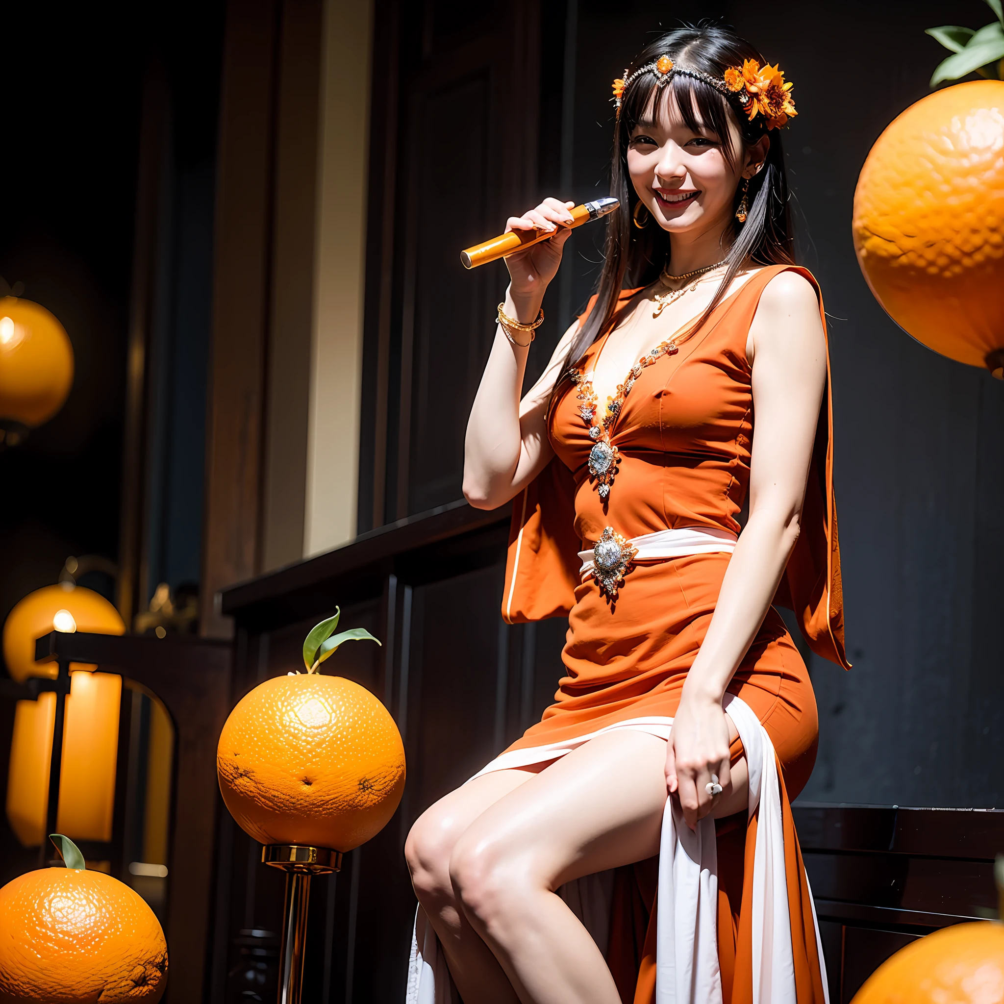 ​masterpiece、top-quality、realisitic、Photorealsitic、Orange-themed castle、Japan woman in orange motif dress、Orange Accessories、Orange Jewelry、Surrounded by lots of oranges、Soldier in armor with orange motif、Bright décor、A smile、dynamic ungle、动态照明