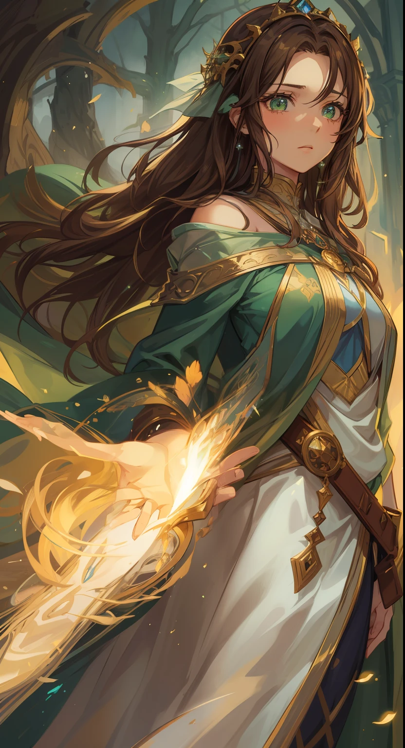A beautiful woman with green eyes and brown hair, she is a blushing sorceress wearing white and gold noble robes A princess of magic and a sad look of dramatic concern Expressive Green lights: elements of nature's elemental magic Blue fire in the hands Grandeur A background full of magic An art for an RPG A medieval art for RPG