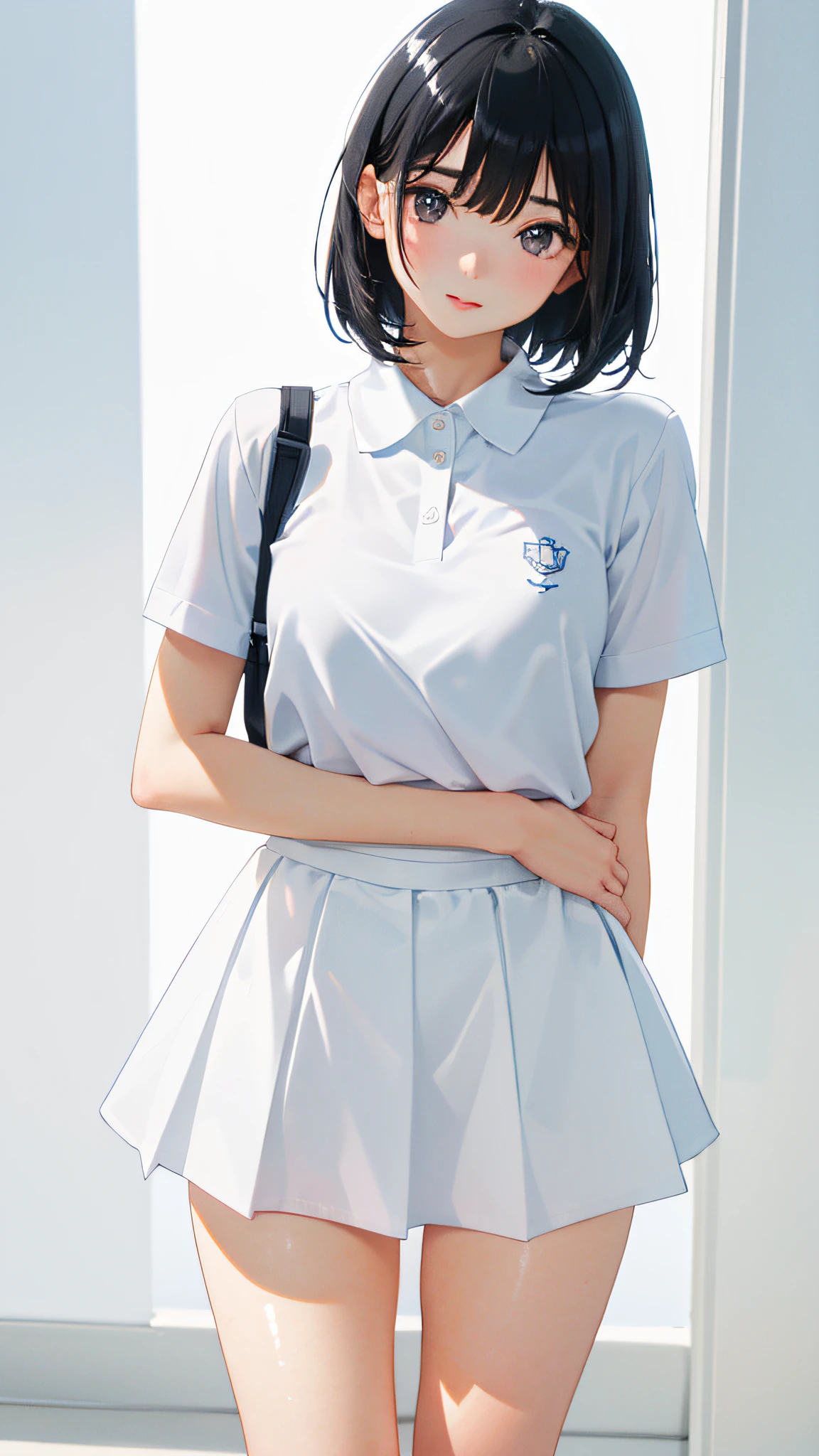 1girll, 独奏, White polo shirt, White sneakers, tennis wear, white mini-skirt, tmasterpiece, Best quality at best, realisticlying, ultra - detailed, (shiny skins, perspired:1.4), looking at viewert, with short black hair, with brown eye,slenderness,Dynamic light and shadow,A high resolution,Sharp focus,depth of fields,The eyes are delicate,Sharp pupils,pupil realistic,(Thigh thick:1.0),exteriors,Skysky