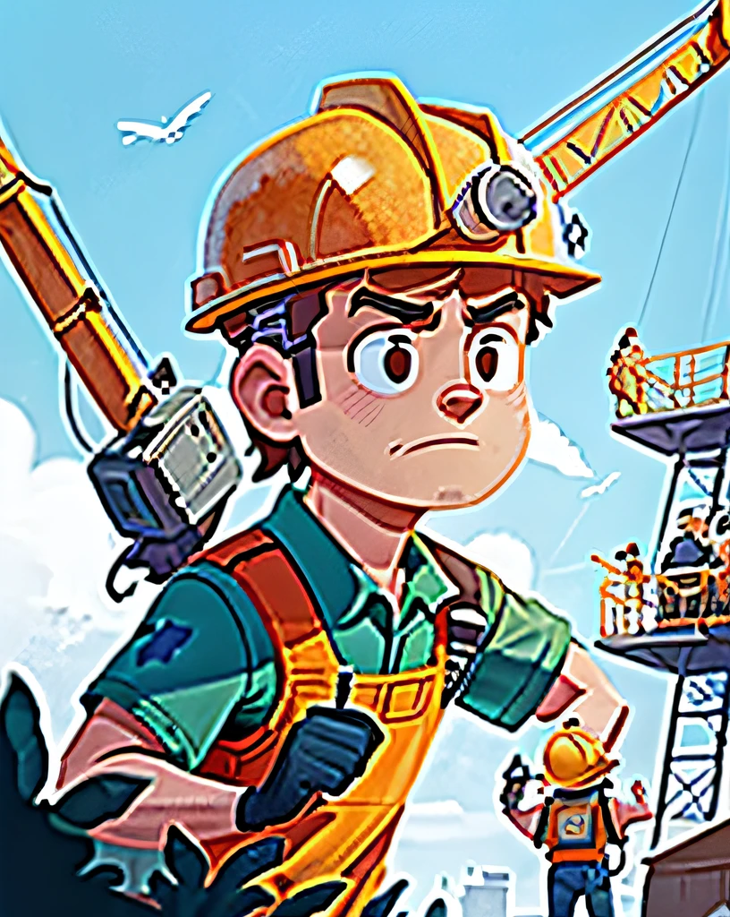 Mobile Communications Company Poster，In the background, workers work at height wearing hard hats on hoisting locomotives，Next to it is a man in a hard hat pulling a fiber optic cable and looking at the camera，Behind the person is the excavator,sense of science and technology