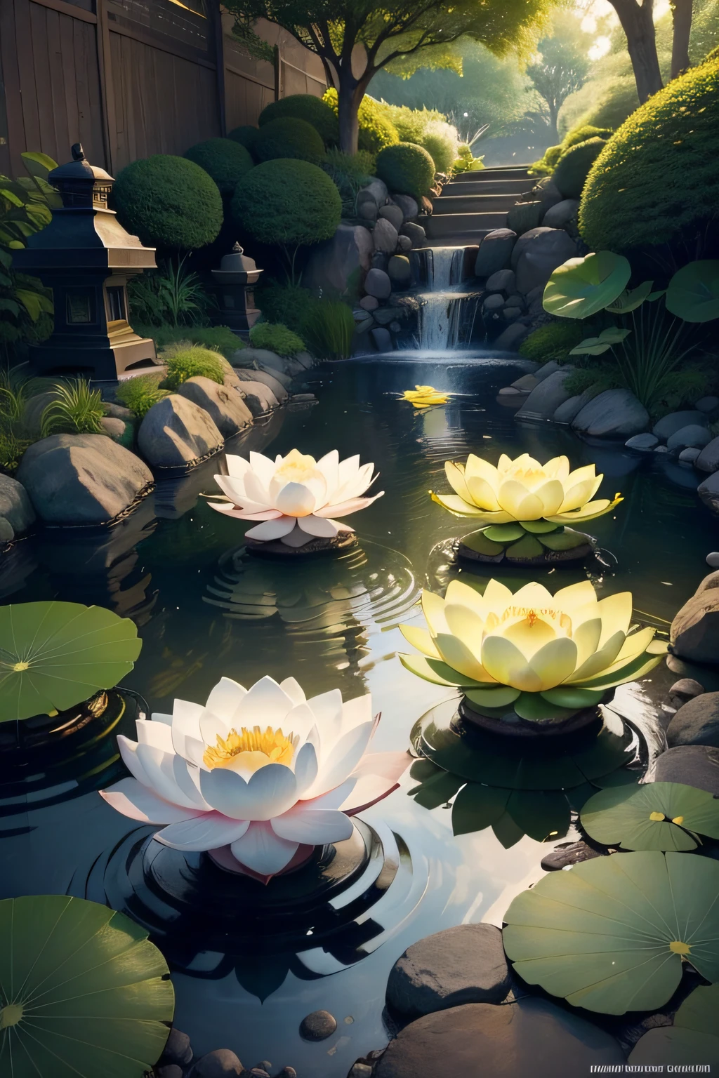 An image of a zen garden with a soft and serene background, with shades of green and blue, conveying tranquility and calm.
In the center of the garden, place a representation of the seven chakras in the form of lotus flowers, each in its respective color related to the chakra.
As the meditation progresses through the chakras, each lotus gradually lights up with the specific color of the chakra, symbolizing the activation and balancing of the energy centers.
A soft glow of Reiki light can be shown emanating from the lotus flowers, representing the healing Reiki energy flowing through the chakras.
At the bottom of the image, discreetly include your YouTube channel's logo or name.