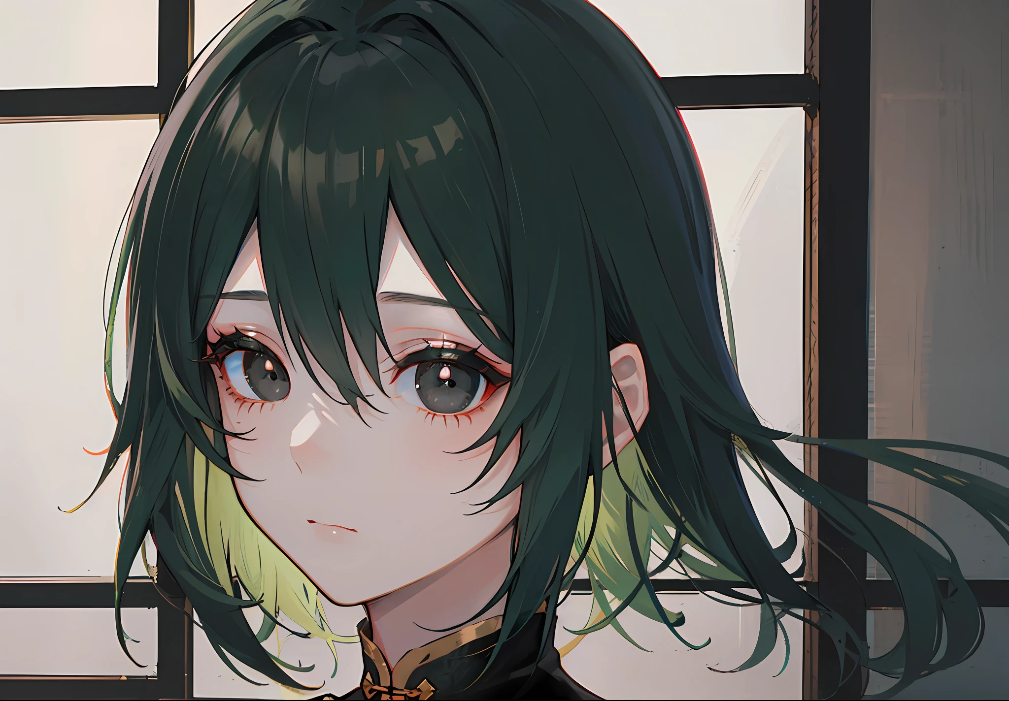 (Masterpiece, side-lighting, Ultra-detailed, fine detailed beautiful eyes: 1.2), 1girll, 1girll，nightcity，Sateen，Dark green hair，short detailed hair，Black eyes，Chinese outfit，eye glass,Indifferent expression，Black eyes