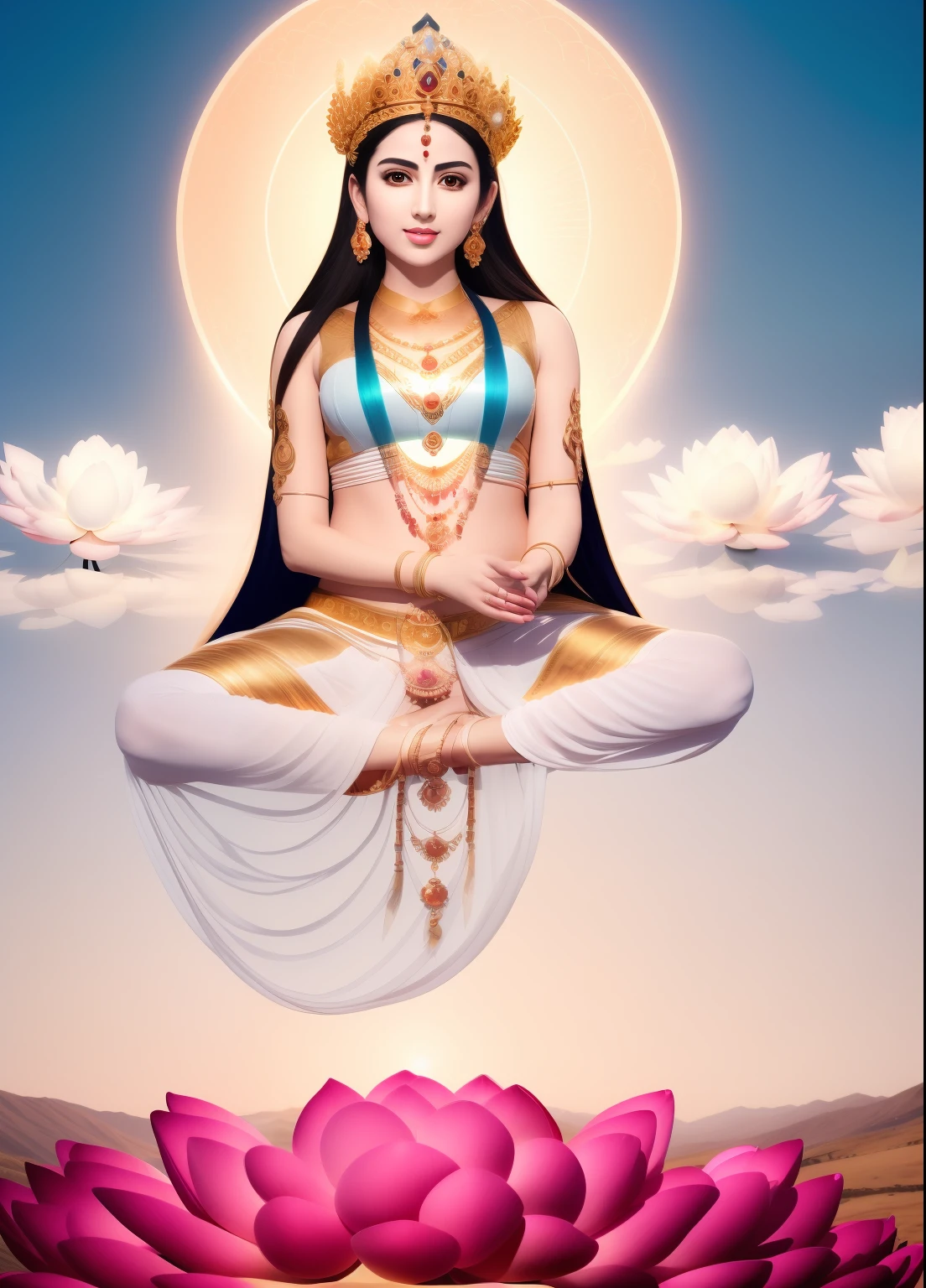 There is a beautiful goddess in the void，Goddess in white，Long curved eyebrows，Beautiful eyes sparkle，The large, Jewel-like eyes sparkle，Clear pupils have reflected light，二重まぶた，（（Plump and rosy lips））Nipples clearly visible，（（Flushed cheeks）），The mandible is plump，Fair skin is delicate and smooth，Delicate skin translucent，A delicate and dexterous crown，inlaid gemstones，Exquisite and ingenious，inlaid gemstones，Sitting on a light red lotus in the air，surrounded by white，（（Pinch the stem of the lotus flower with one hand）），Place the other hand（（（Open palms））），（nice hand），（Good feet），（good legs），realisticlying，white skinned，（（Correct body structure）），White clothing，decorated in white，baiyun，Blue sky，Head background with round light，Behind him is a colorful rainbow circle，Color glow is turned on，Front lighting，Positive light，No shadows on the face，There are no shadows on the body，Blue sky，Unreal space，ethereal world，dreamworld，with blue sky and white clouds，tmasterpiece，4K，ultra-definition，professional photoshooting，