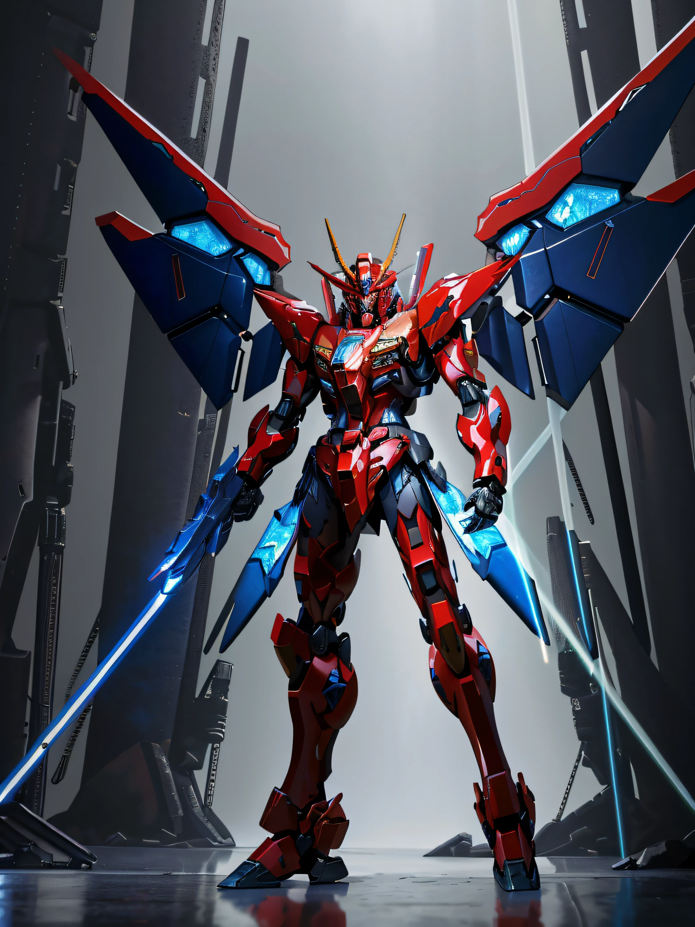 Image of Alafard of a robot with red and blue wings, anime large mecha robot, modern mecha anime, Gundam Robot, mecha anime, Mecha wings, cool mecha style, full body red mech, Gundam armor, gundam is windmill shaped, mecha art, Mobile Suit, Mecha suit, anime mech armor, gundam, Red mech