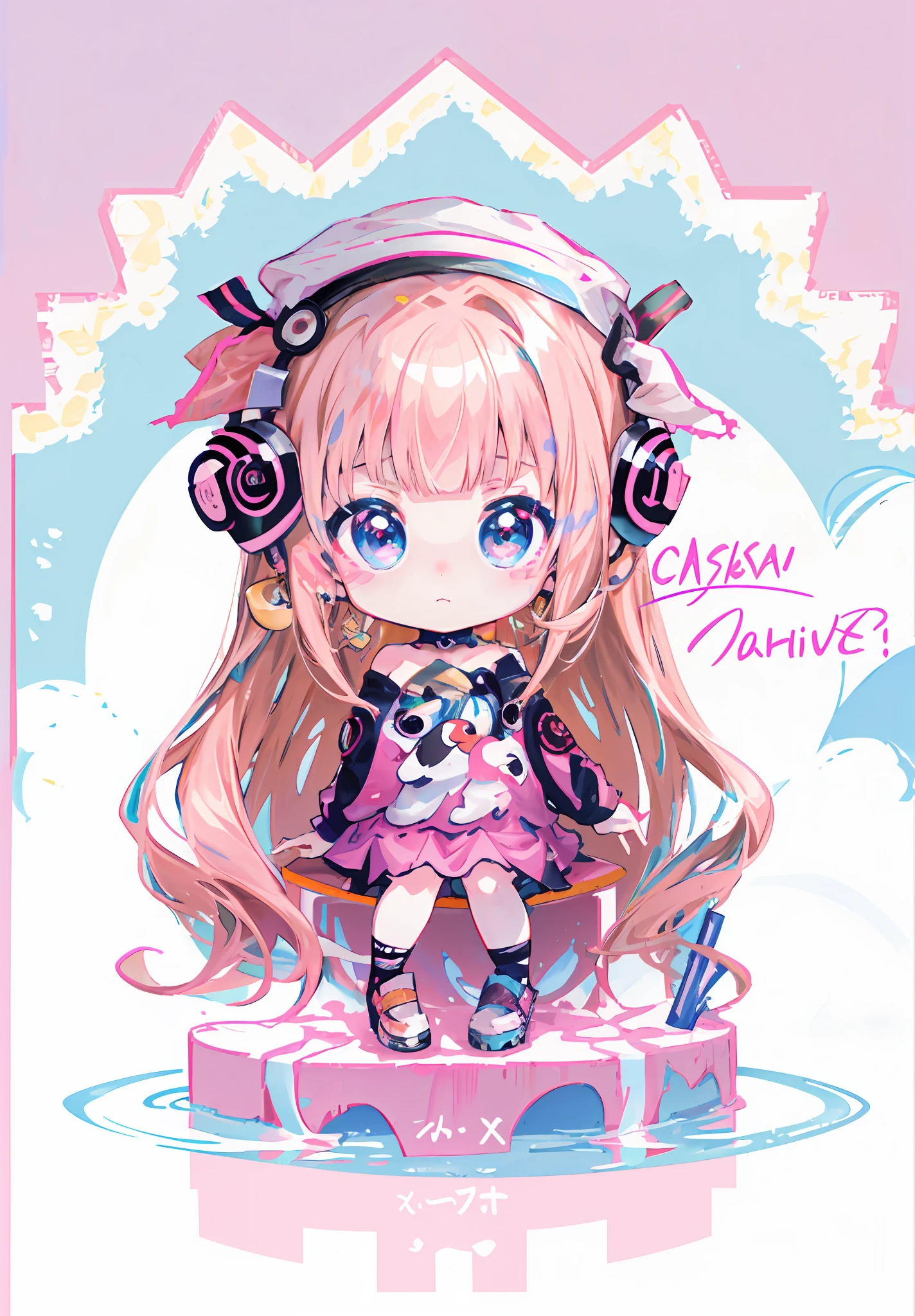 Anime girl with pink hair and headphones sitting on pink surface, cute kawaii girls, Kawaii chibi, chibi girl, Cute anime girl, Chibi anime girl, Cute anime style, small girl, anime chibi, humanoid pink female squid girl, Soft anime illustration, small curvaceous lolite anime, Chibi Art, kawaii anime manga style, (Anime girl)(Pink fashion T-shirt:1.9),(Colorful hair:1.8),(Rainbow all colors:1.8),((((Vertical painting:1.6))),(painting of a:1.6),frontage,comic strip,illustration,painting of a,largeeyes,crystal-clear,(rainbow color gradient high ponytail:1.7),Delicatemakeup,Keep one's mouth shut,(Small Fresh:1.5),(Bandeau:1.6),long eyelasher,White shoulder T- shirt, White Shoulder Shirt,looking at viewert,watery big eyes,(rainbow colour hair:1.6), color splash, (solo:1.8), color splash, color explosion, colour splash, color explosion, Thick lacquer style,Messy lines,((shining)) ,(colorful), (colorful), (colorful), colorful, Thick Paint Style, (Splash) (Color Splash), Vertical Painting, Upper Body, Paint Splash, Acrylic Pigment, Gradient, Paint, Highest Image Quality, Highest image quality, Masterpiece, Solo, Depth of Field, Face Paint, colorful clothes, (ellegance: 1.2), opulent, long whitr hair, ventania, (ellegance: 1.3), (petals: 1.4),(((masterpiece))),(((Best quality at best))),((ultra - detailed)),(illustratio),(dynamic angle),((floatking)),(Paintwork),((Loose hair)),(solo),(1girl) , (( (Detailed anima face))),((Beautiful detailed face)),collars,exposed bare shoulders,whaite hair,((The color hair)),((Striped hair)),Beautiful detailed eyes,(Gradient color eyes),(( (Colored eyes))),(((coloured background))),(((high saturated))),