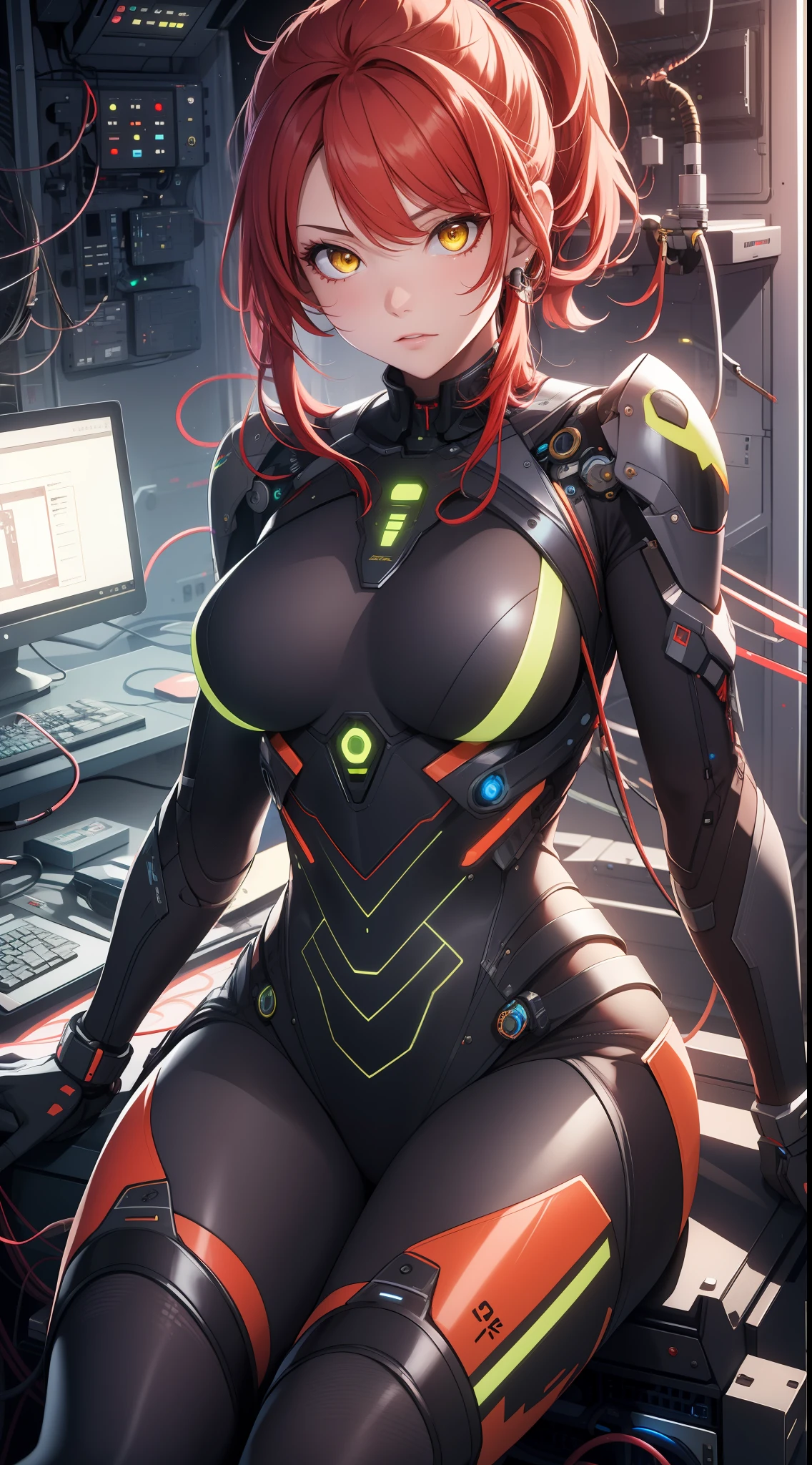 highres, highest quality, cinematic lighting, best quality, hyper detailed, masterpiece,1girl, solo, red hair, yellow eyes, bangs, ponytail, mechanical, exosuit,  wires and cables, luminous eyes, medium breasts, light rays, (colorful), sitting, from above, cool tones, computers, science fiction
