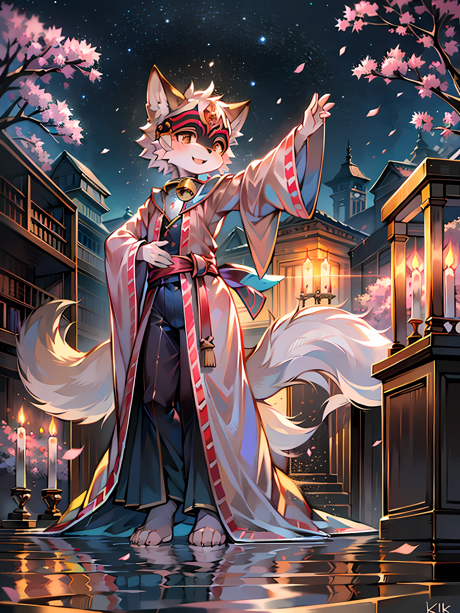 (ambiente dark:0.8),tmasterpiece,k hd,8K,Starry sky,Starry sky reflection,the cherry trees,altar,horizon,Soft lighting,Fox Boy,Shota,White fox,Nine tails,tread water,Robe,komono,bell,kitsune mask,Dance,delight