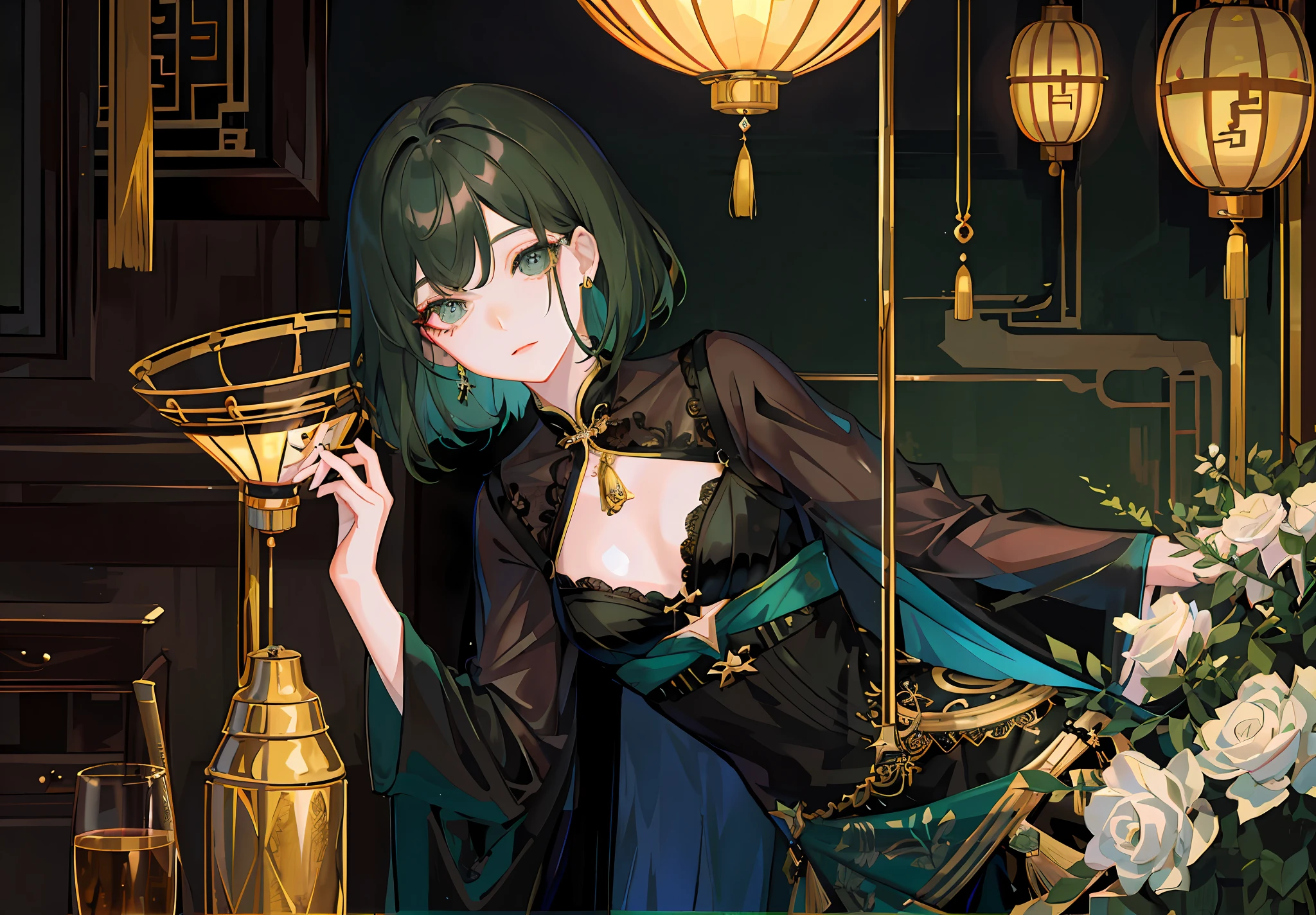 (Masterpiece, side-lighting, Ultra-detailed, fine detailed beautiful eyes: 1.2), 1girll, 1girll，nightcity，Sateen，Dark green hair，short detailed hair，Black eyes，Chinese outfit，eye glass,Indifferent expression，Black eyes，Normal hands