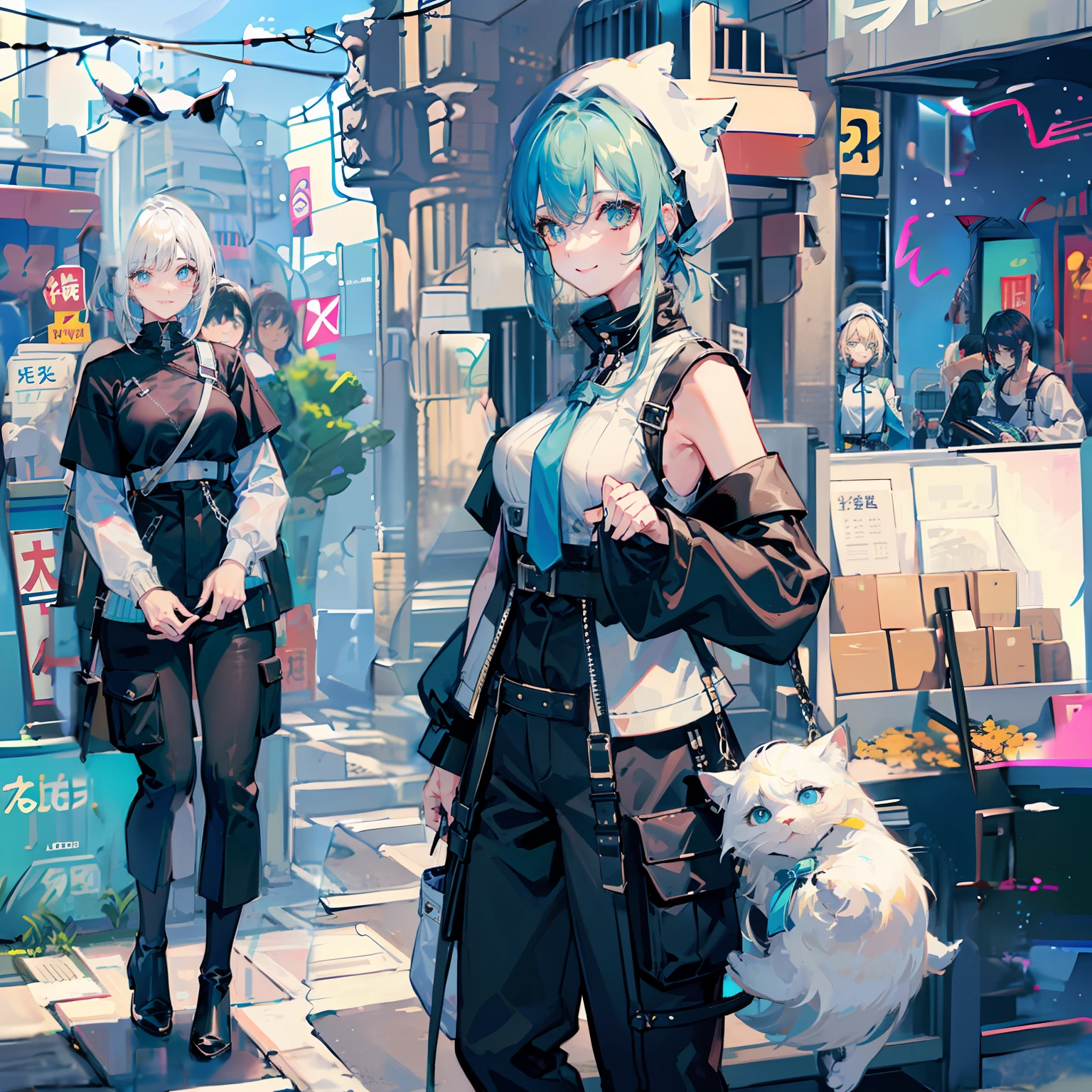 Beautiful woman medium hair、hated、cyberpunked、a short bob、a blond、White Summer Knitted Cap、 odd eye、blue right eye、Green left eye、Blue Leather Vest、Long white T-shirt、White Cargo Pants、Black Engineer Boots、head phone、Carried a sword on his back Japan、Sprint、In front of Shibuya Station、natta、Well-formed fingertips of both hands、Full body like、Colossal tits、A smile、Extend your left hand to us