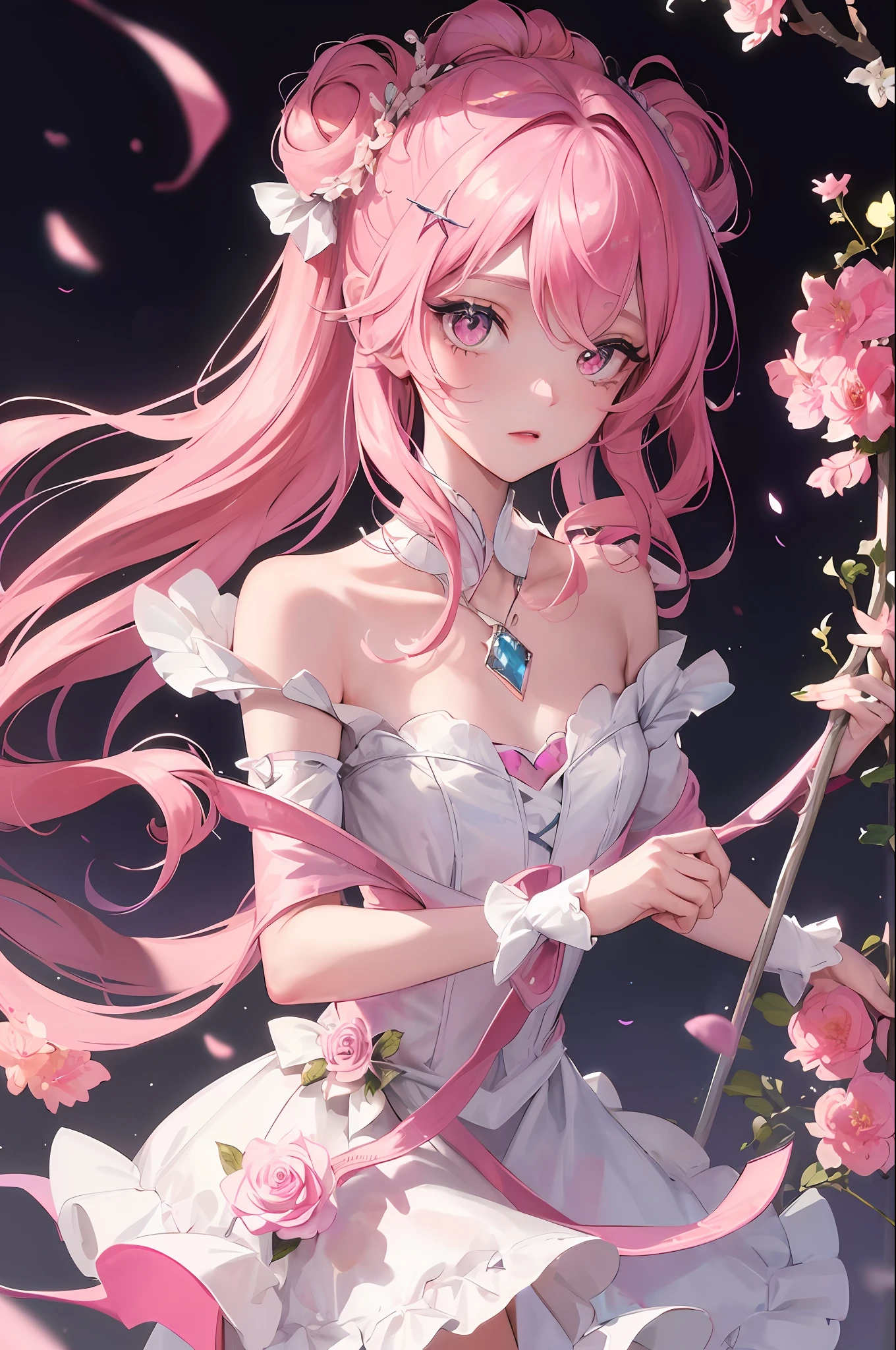 high high quality,tmasterpiece,Delicate facial features,Delicate hair,Delicate eyes,Two-dimensional girl,(tmasterpiece),(best qualityer),(super-fine),(illustratio),(detailedlight)(Pink broken hair)(Crimson pick dye)(cat ear)(ellegance)(shine),(Pink eyes),(Splash ink)(Delicate and colorful makeup)(Ray traching),(sci-fy)(ellegance)(strong colors),(rich details)(The proportions are correct)(a sense of atmosphere)(Brilliant light)(Punk style)(Dazzling brilliance)(Pink tones),pussycat,dream magical,Staff,wands,stars,magical little girl,shaggy,a plush,Bow knot,florals,Fantastic flower garden,8K high quality detailed art(Delicate facial portrayal)(Fine hair portrayal)(highest quality)(Master masterpieces)(High degree of completion)(a sense of atmosphere)8k wallpaper,tmasterpiece,Best quality at best,ultra - detailed