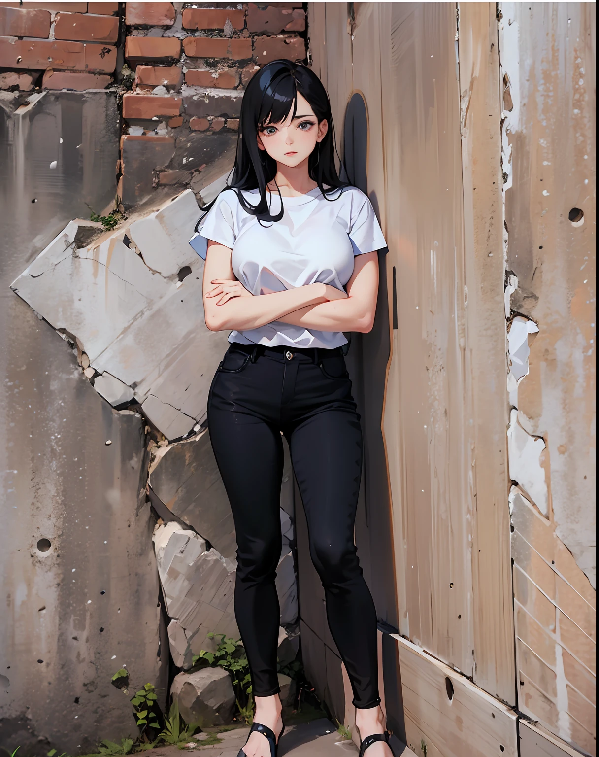 1woman leaning against a wall with her arms crossed, leaning against the wall, leaning on the wall, casual pose, full body picture, full body photogenic shot, full body photograph, portrait full body, in front of white back drop, dressed in a white t shirt, standing in an alleyway, on a large marble wall, best quality, masterpiece, photorealistic, 1girl, 15 years old, best face, rim lighting, (high detailed skin:1.2), 8k uhd, high quality, high resolution, 4k, 8k, bokeh, absurdres, best ratio four finger and one thumb, amazing ilustration, best background matching, anime style 4 k, beautiful background, ultra hd 8K, black hair, medium hair, slim body, tall body, medium breast, black eyes, detailed eyes, beautiful eyes, simetrical eyes, detailed pupil, white t-shirt, best anatomy