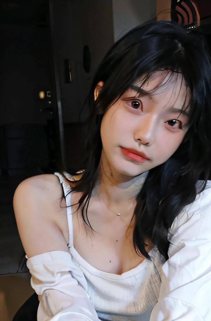 8K,best qualtiy,tmasterpiece,超高分辨率,(真实感:1.4),RAW photogr,(True skin texture:1.3),(filmgrain:1.3),(Selfie angle),1个Giant Breast Girl,Beautiful eye and face details,tmasterpiece,Best quality at best,closeup cleavage,The upper part of the body,with short black hair,-yeld gi