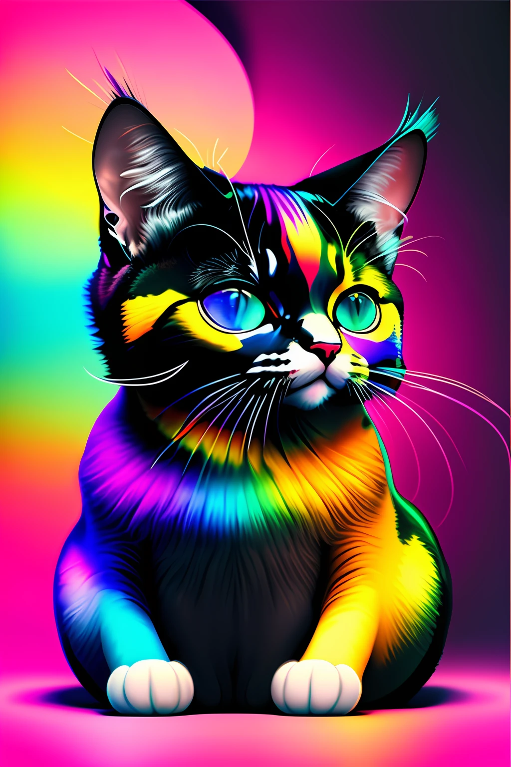 uma pintura colorida de uma cat em um fundo preto, Rainbow fusion color scheme, a morte, imagem de avatar, rosto derretido, fundo transparente, a morte da arte, head shoot, um retoque colorido, stunning render, morte e morte, rosto Derretendo