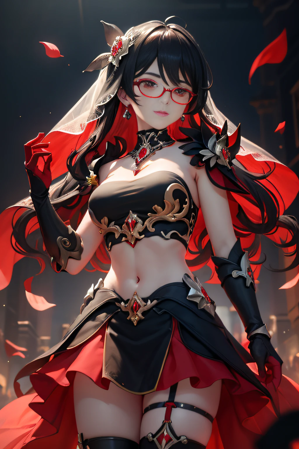 (highly detailed:1.3), sc_nyx, (wedding dress:1.3), (wedding blouse:1.2), (navel:1.5), (midriff:1.4), (jewelry:1.3), (golden semi-rimless eyewear:1.2), (light smile:1.1), (red diamond necklace:1.3), (red diamond earrings:1.2), red eyes, (large breasts:1.2), (hand in own hair:1.2), (red diamond navel piercing:1.1), (bridal gauntlets:1.2), (bridal veil:1.2), (frills:1.2), frilled (dress:1.3), (bridal garter:1.3), Ultra-detail, (highres:1.1), best quality, (masterpiece:1.3), cinematic lighting,
