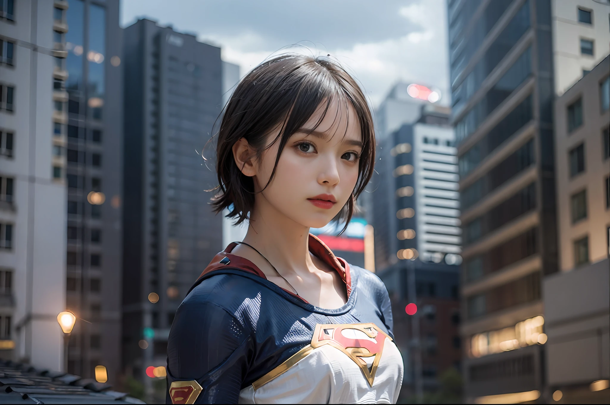 Best Quality, masutepiece, (Photorealistic:2), Ultra High Resolution, Highly detailed, A hyper-realistic, 1girl in, ((Supergirl suit in white)), (Superman's Long Cloak), Spider-Man pattern,  colourfull_hair、(((very_short_hair))), Short hair, Slim body, Full Shot,  Looking at Viewer, Night, ((On the roof of a building)), Rain, Dark Scene, Dark atmosphere, light neon, myst, cloudy, Lightning, Detailed background