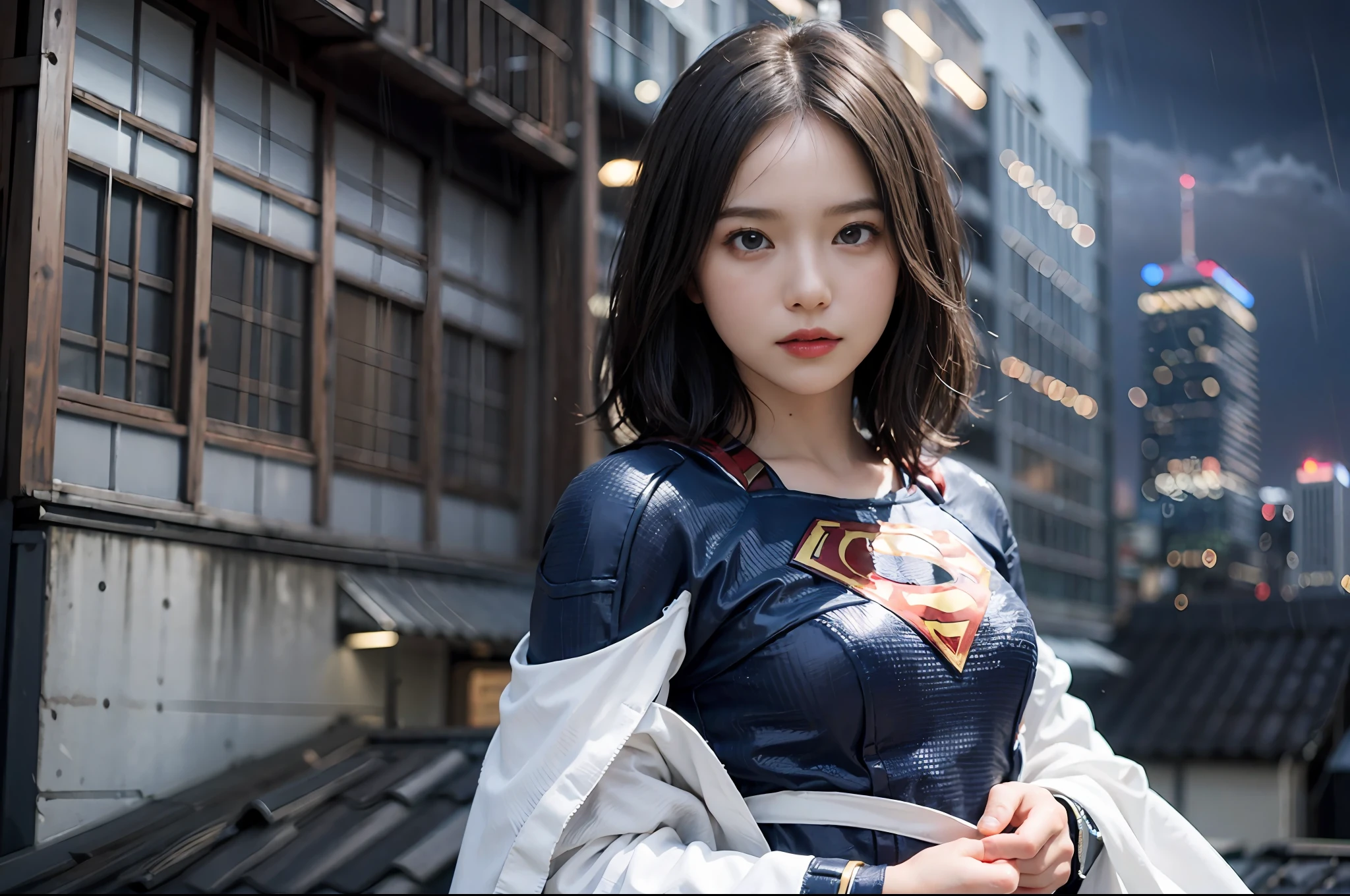 Best Quality, masutepiece, (Photorealistic:2), Ultra High Resolution, Highly detailed, A hyper-realistic, 1girl in, ((Supergirl suit in white)), (Superman's Long Cloak), Spider-Man pattern,  colourfull_hair、(((very_short_hair))), Short hair, Slim body, Full Shot,  Looking at Viewer, Night, ((On the roof of a building)), Rain, Dark Scene, Dark atmosphere, light neon, myst, cloudy, Lightning, Detailed background