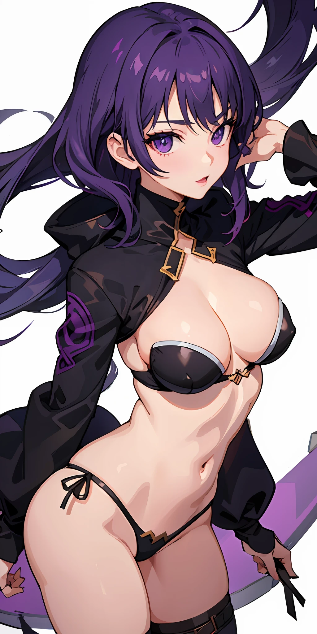 1girl, anime, cute girl, rogue, blank background, white background, fantasy, dark clothes, beautiful face, beautiful eyes, dark colors, assassin, medium breasts, slight cleavage, beautiful skin, cute, purple hair