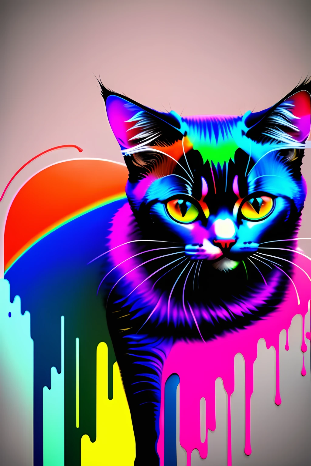 uma pintura colorida de uma cat em um fundo preto, Rainbow fusion color scheme, a morte, imagem de avatar, rosto derretido, fundo transparente, a morte da arte, head shoot, um retoque colorido, stunning render, morte e morte, rosto Derretendo