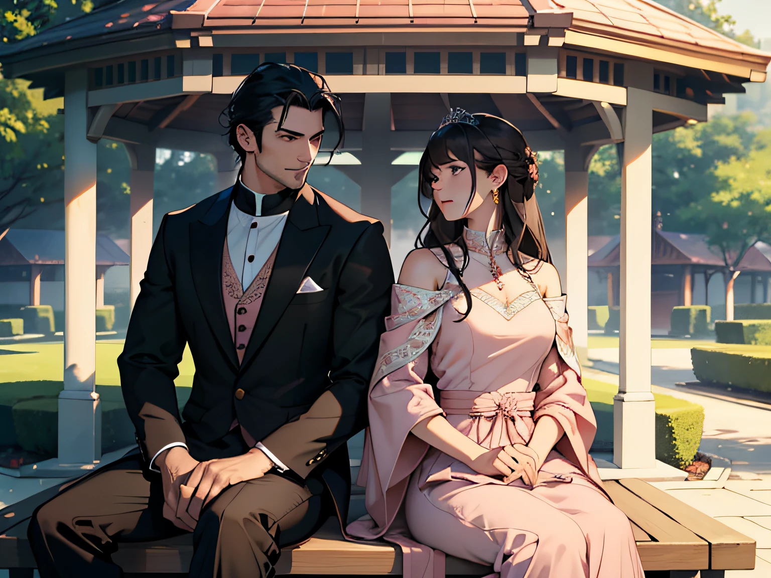 grand master,tmasterpiece,8k wallpaper,CG,Ultra-high image quality,light and shadow effect
(((One was wearing a pale pink dress,Elegant woman with long black hair and one in a brown suit,Handsome man with short black hair sitting in a park pavilion:1.5)))
(Behind him stood a man wearing a red tracksuit,Woman with flaxen shoulder-length hair:1.3)
(Close-up display:1.6)
Park parterres,gazebo,kotori