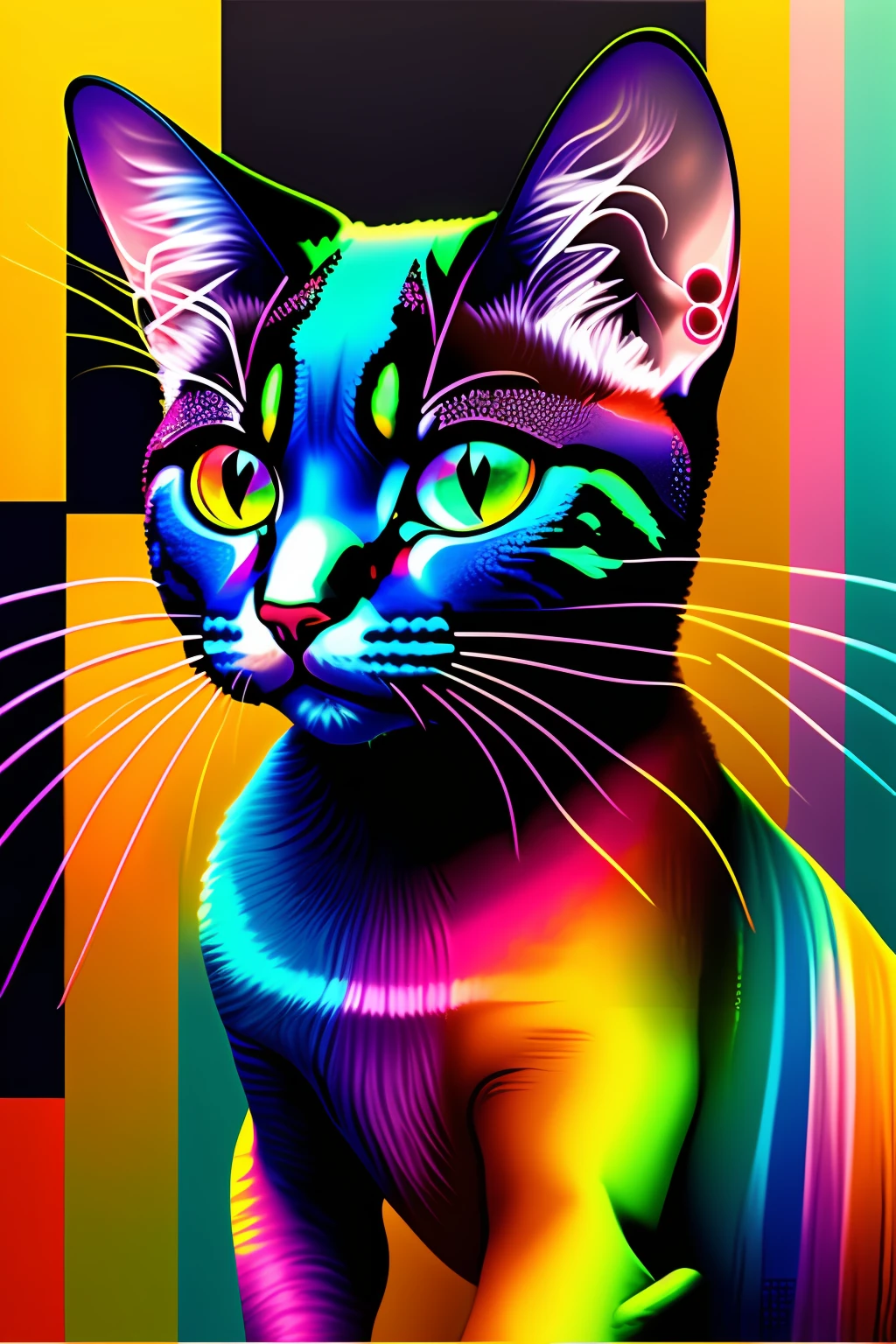 uma pintura colorida de uma cat em um fundo preto, Rainbow fusion color scheme, a morte, imagem de avatar, rosto derretido, fundo transparente, a morte da arte, head shoot, um retoque colorido, stunning render, morte e morte, rosto Derretendo