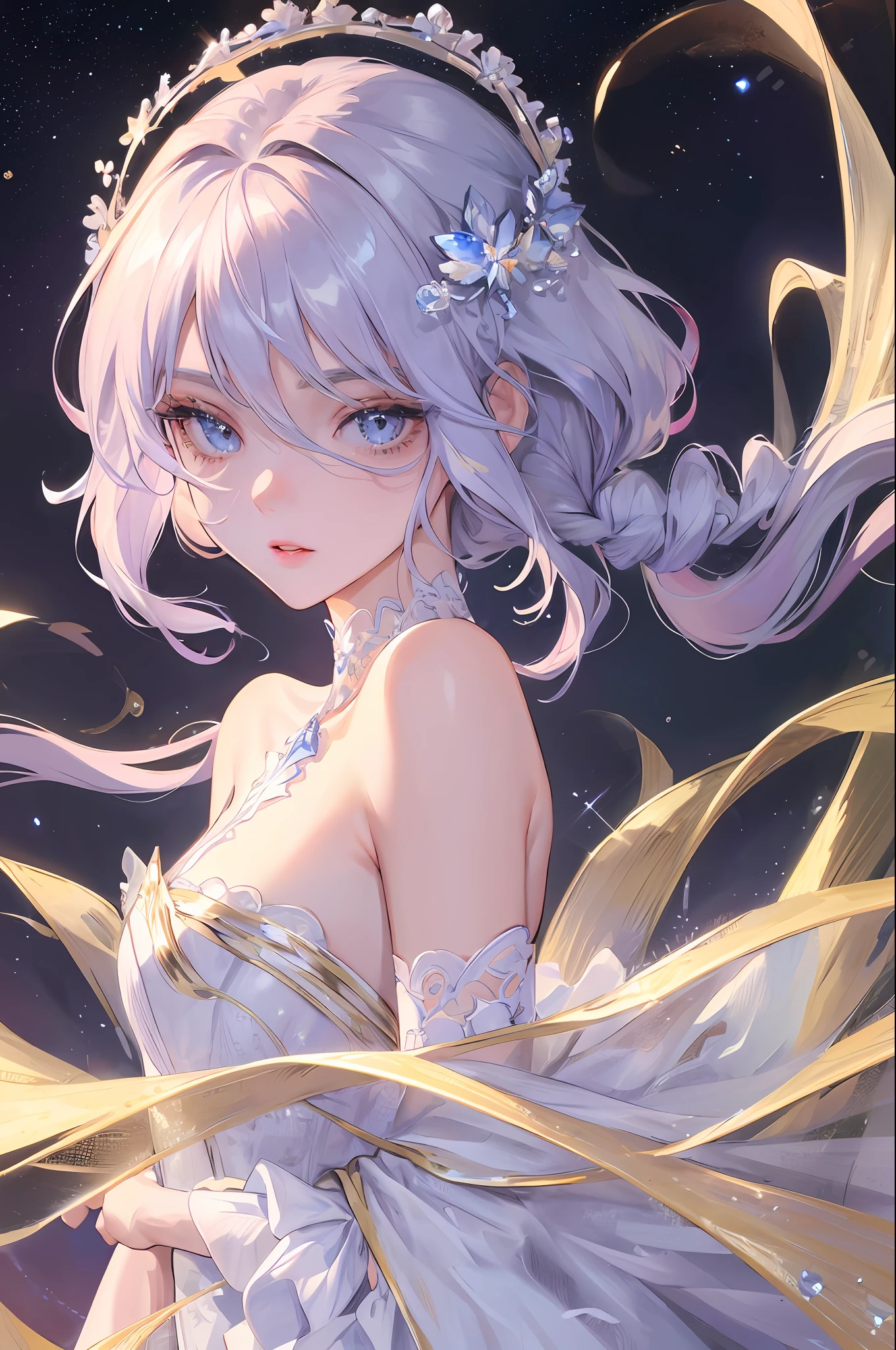 high high quality，tmasterpiece，Delicate facial features，Delicate hair，Delicate eyes，Girl's eye details，Long eyelashes，gem-like eyes，Crystal texture，Glazed texture，Onyx texture，Bright，glitters，high light，Gradient，Iris gradient，beautiful pupil，There are rivers of stars in the eyes，Highly detailed，high-definition picture quality，Bright colors，Depth of field effect，Star background，8K high quality detailed art（Delicate facial portrayal）（Fine hair depiction）（highest  quality）（Master masterpieces）（High degree of completion）（a sense of atmosphere）8k wallpaper，tmasterpiece，Best quality at best，ultra - detailed