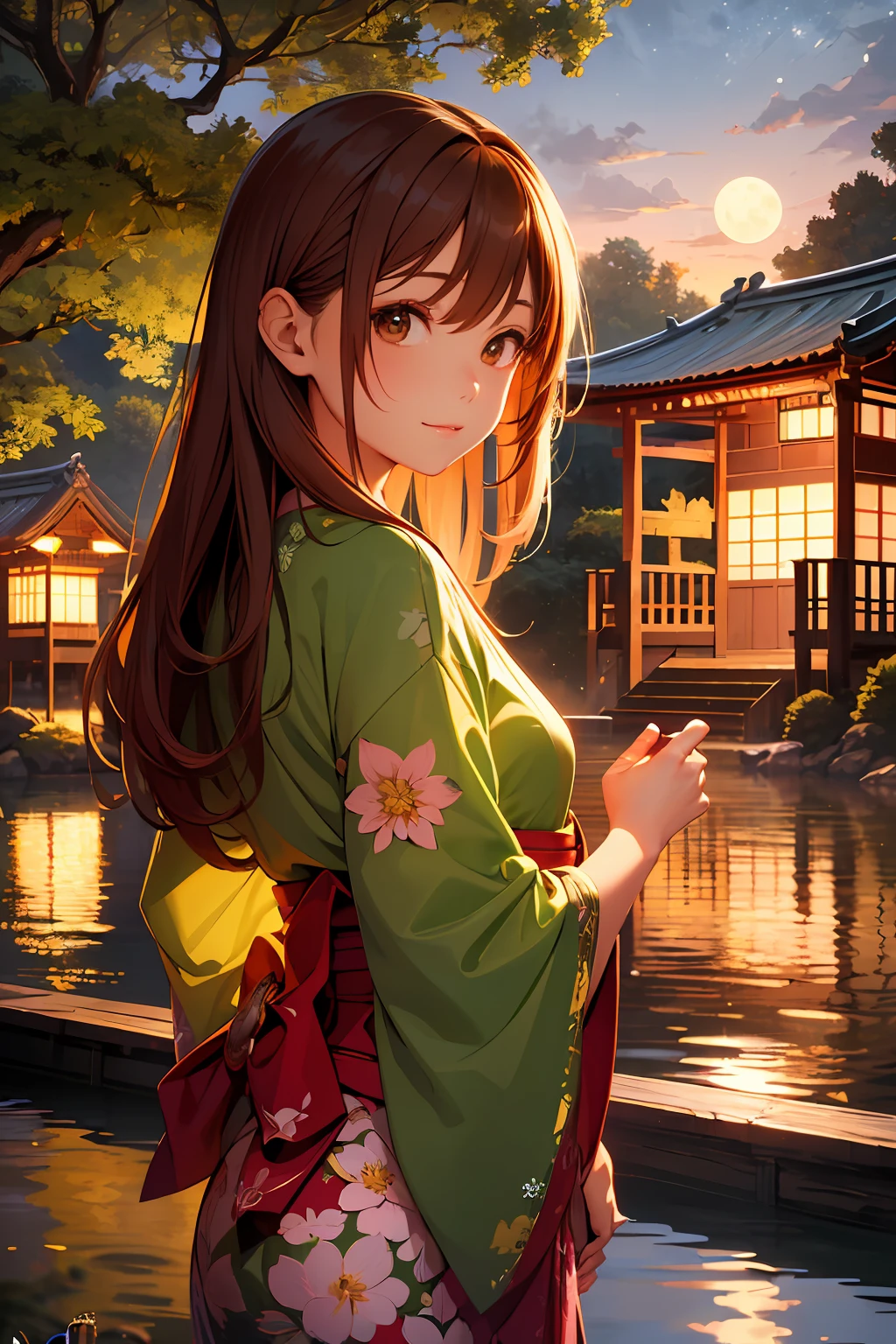 absurderes, (Best Quality), (masutepiece),(Ultra-detailed:1.2),(Photorealistic:1.1),超A high resolution,
1girl in,Brown hair,Fantasy,
(Luminescent:1.2),Particle,
(Night:1.2),lake,Moon,Green light,
Traditional Japan garden,
break
Pink yukata,Green particles,from the rear