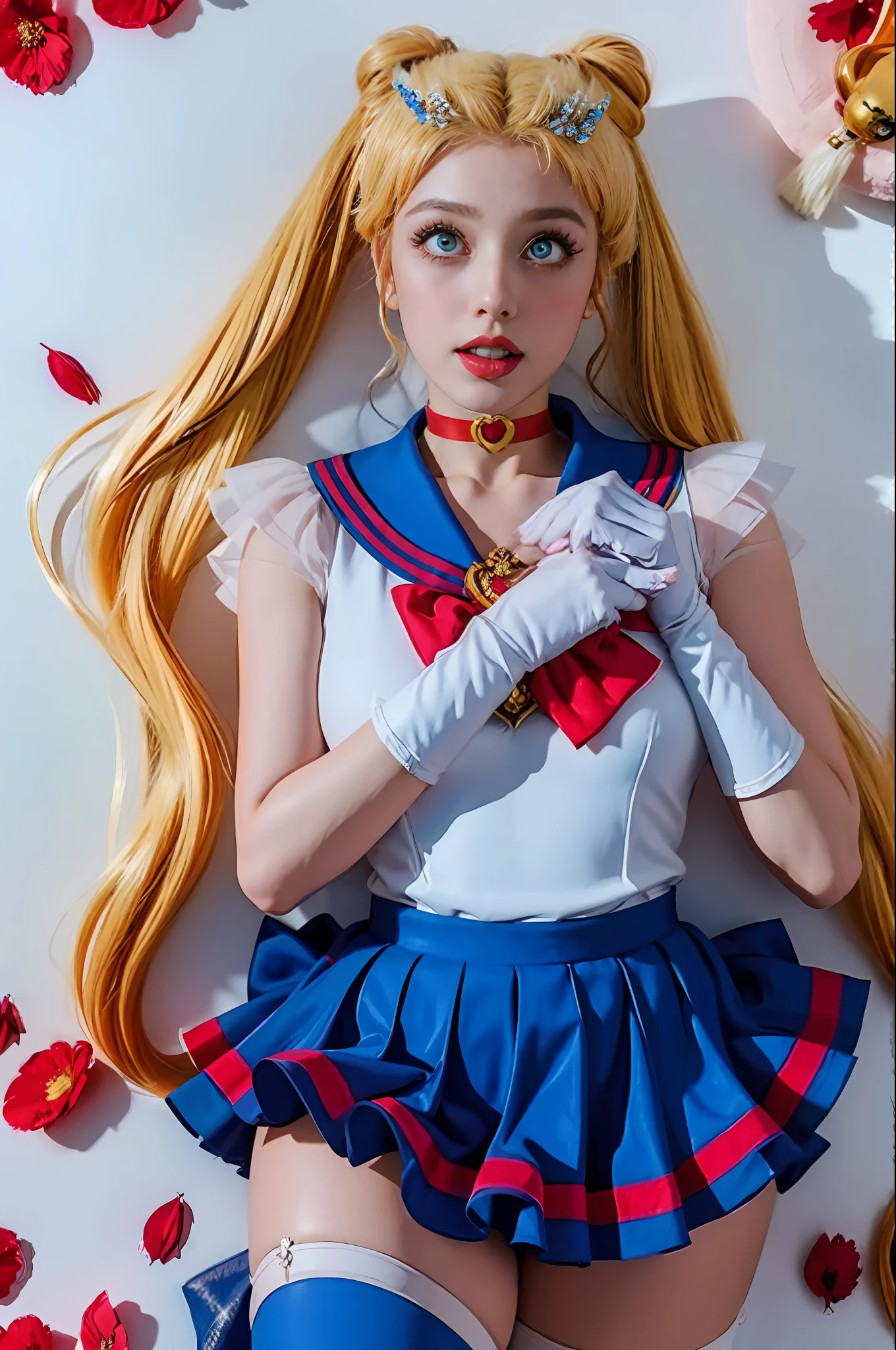 (8k, RAW photo, best quality, masterpiece:1.2), (ultra highres:1.0), detailed illustration, detailed, (realistic, photo-realistic:1.37), detailed beautiful skin, sailor moon, (1 girl: 1.2),(full body:1.2),(hand of Guido Daniele:1.2), slim body, cute, happy, long hair, long leg, cleavage,blue skirt,red bow,blue eyes,blond hair,twin tails,hair bun,hair ornament,blue sailor collar, red choker, red boots, high heels, sailor senshi uniform, white gloves,tiara,elbow gloves,pleated skirt,knee boots blue sky, beautiful sky, (scenery), lake, falling petals, falling leaves, cowboy shot, (ahegao :1.5)